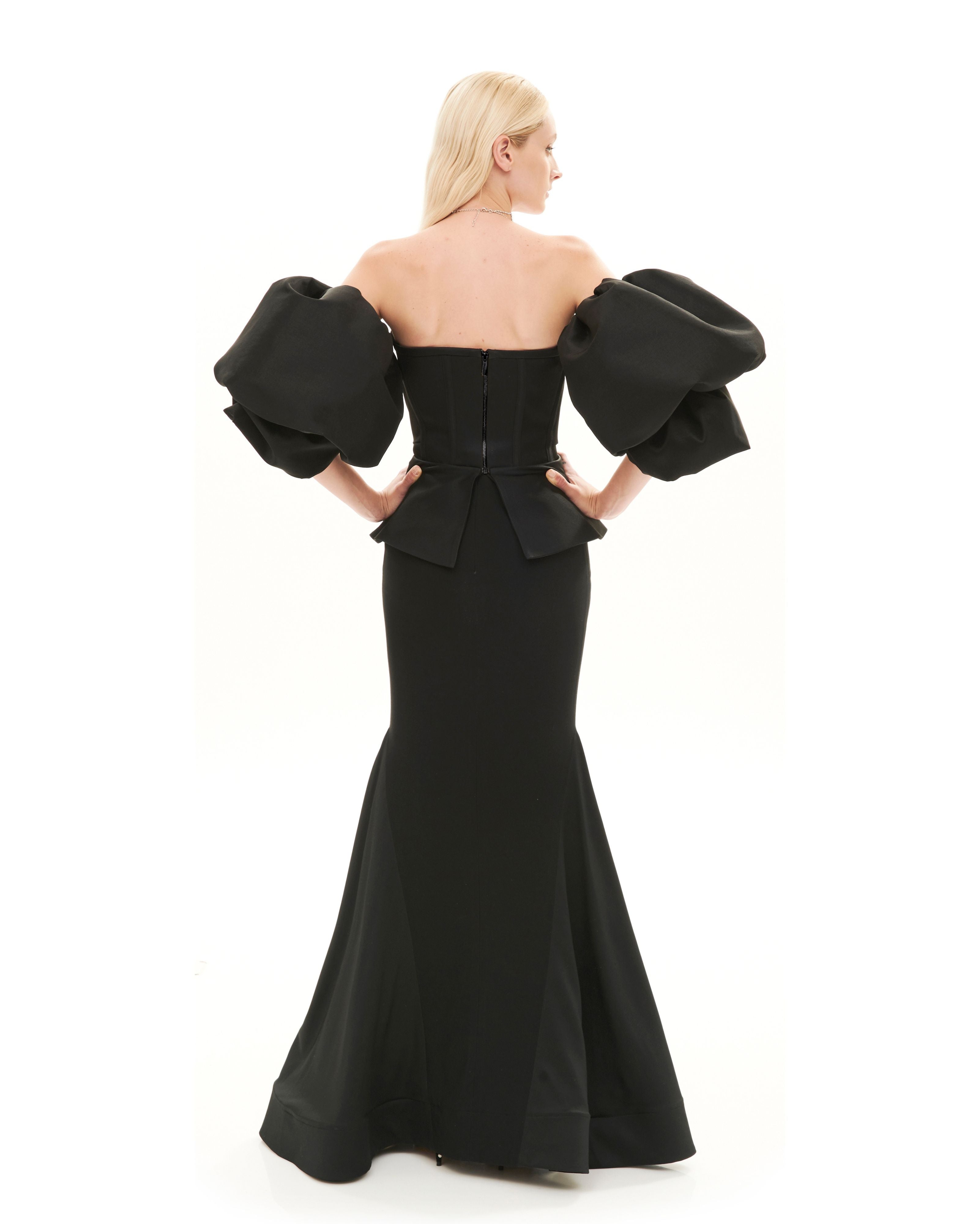 MULTI-CUT TAILORED CORSET DRESS WITH PUFFY ARMS