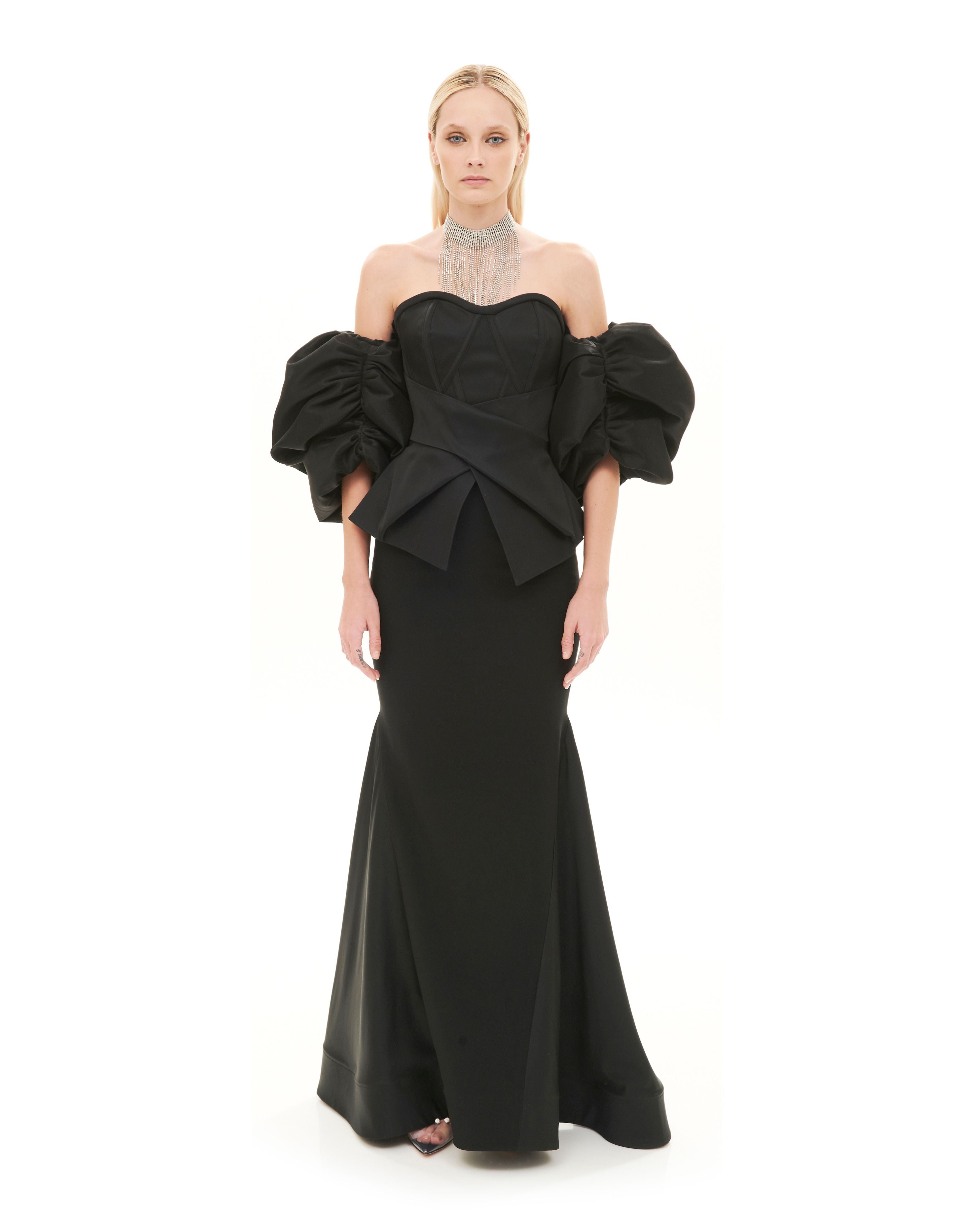 MULTI-CUT TAILORED CORSET DRESS WITH PUFFY ARMS