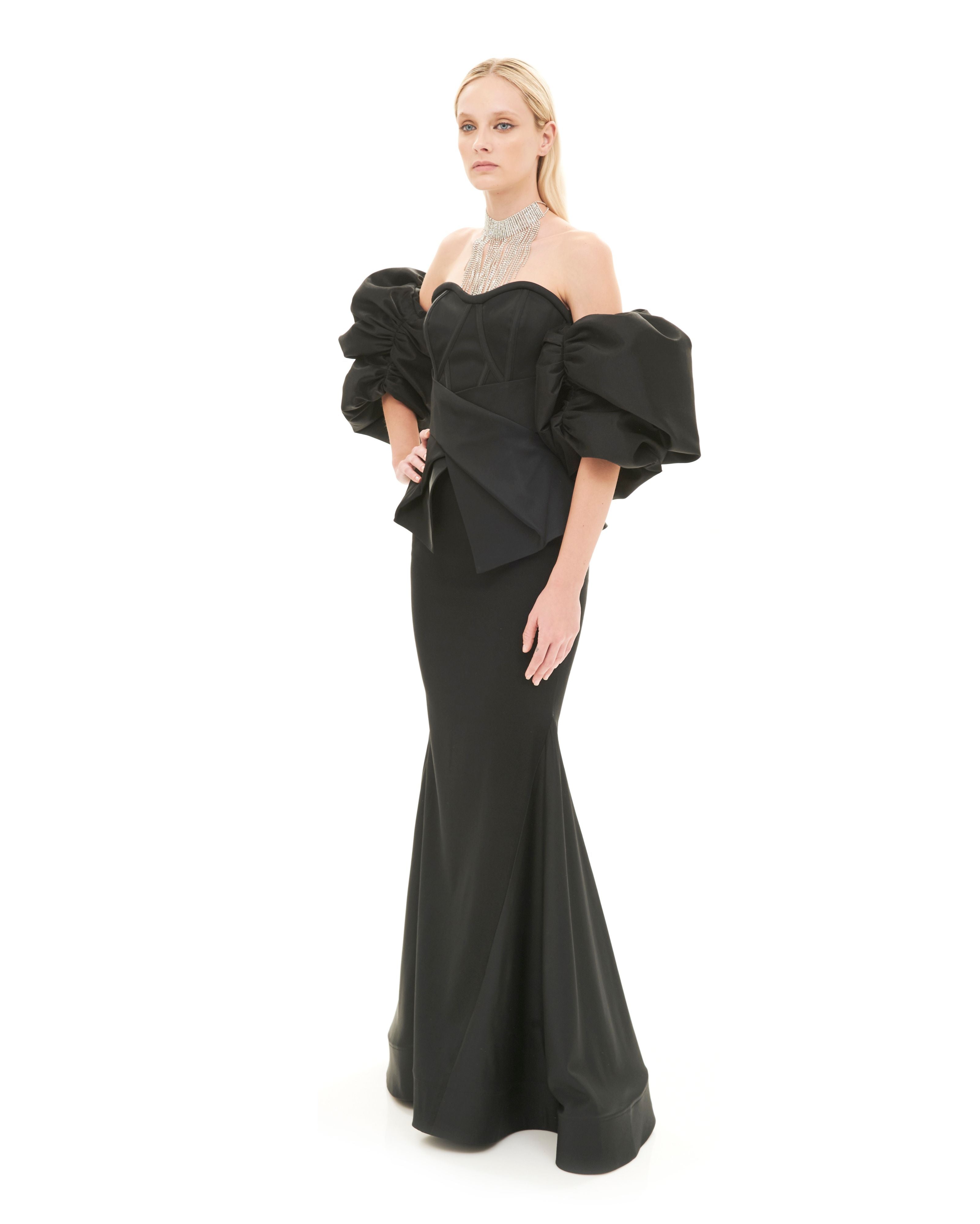 MULTI-CUT TAILORED CORSET DRESS WITH PUFFY ARMS