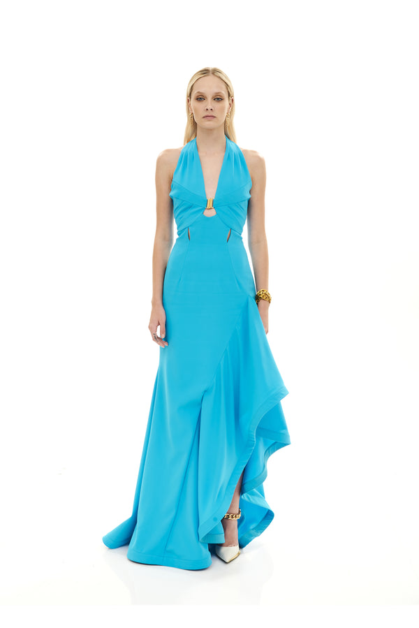 HALTER CUT OUT PLEAT BUCKLE DRESS