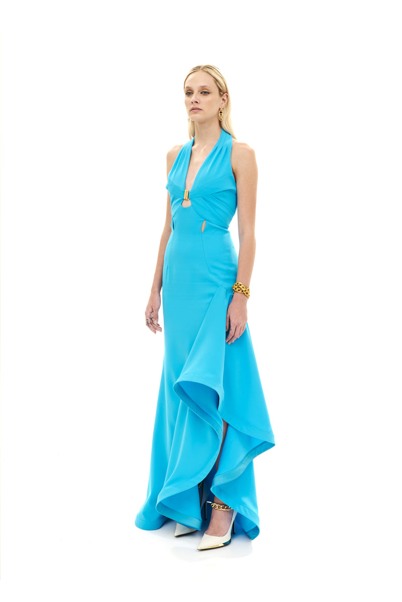 HALTER CUT OUT PLEAT BUCKLE DRESS