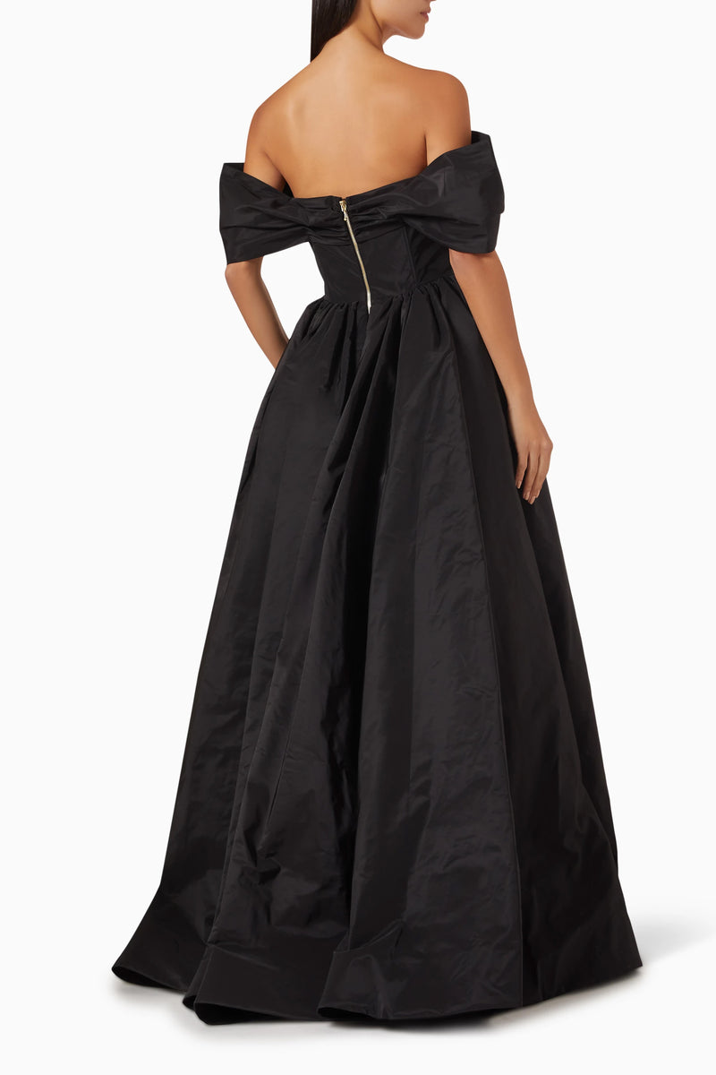 OFF SHOULDER DRAPED GOWN WITH LEG CUT