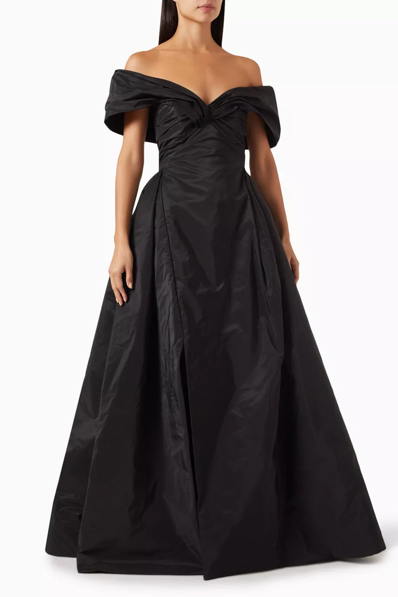 OFF SHOULDER DRAPED GOWN WITH LEG CUT