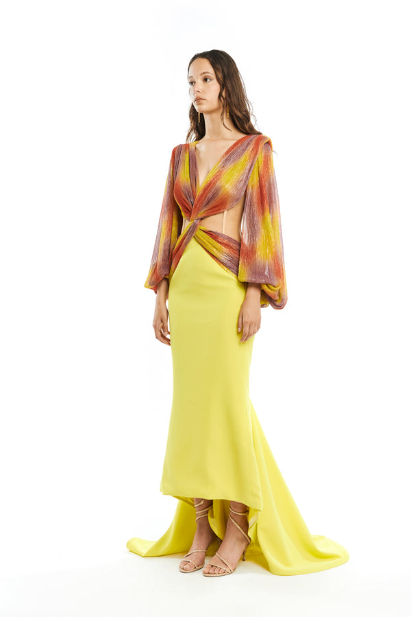 KNOTTED MAXI DRESS WITH SLEEVES AND LONG TRAINED SKIRT