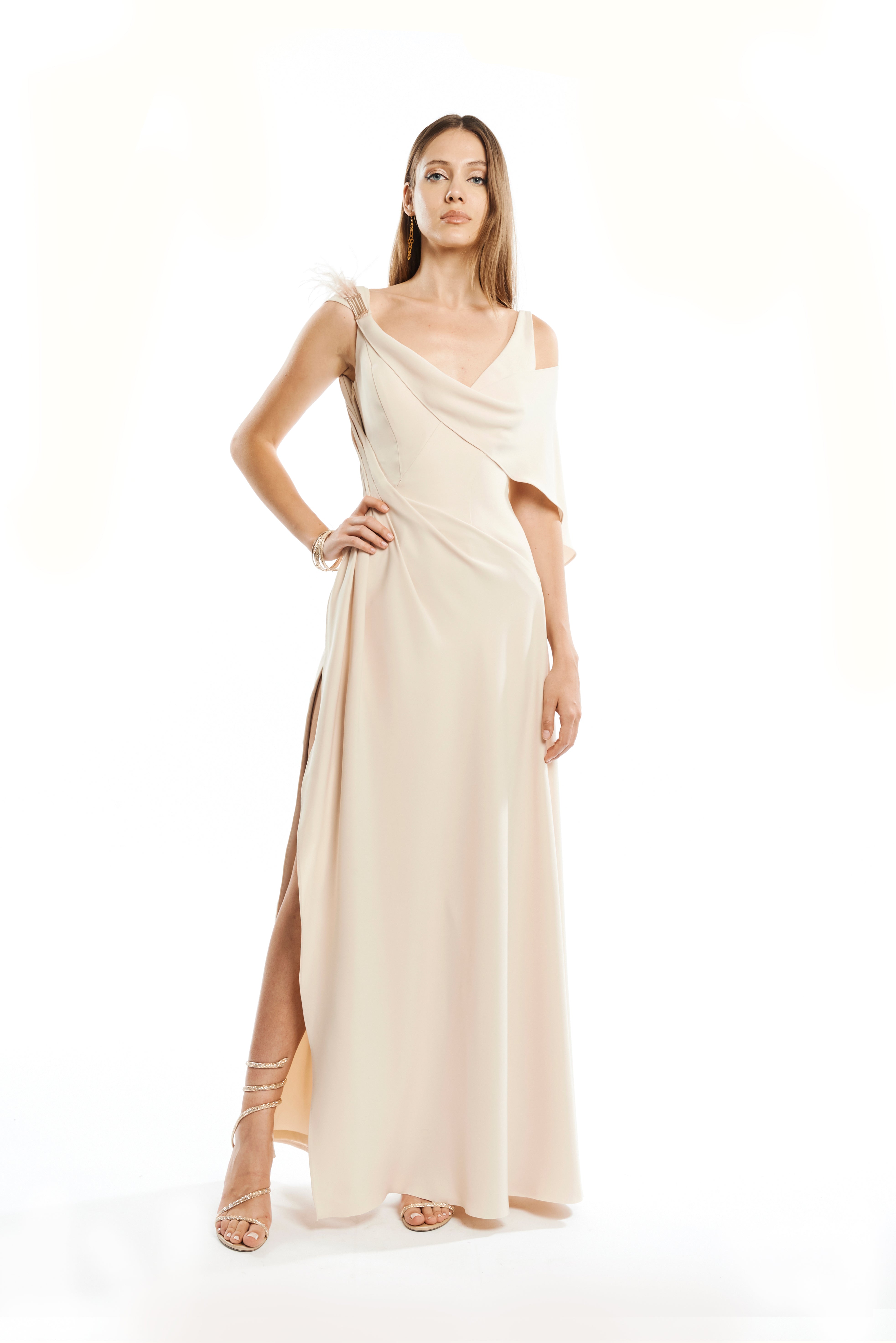 V-NECK ASYMMETRIC MAXI DRESS WITH MANTELLA