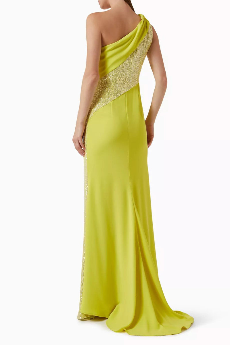 ONE SHOULDER MAXI DRESS WITH ASYMMETRIC INSERT AND SLIT