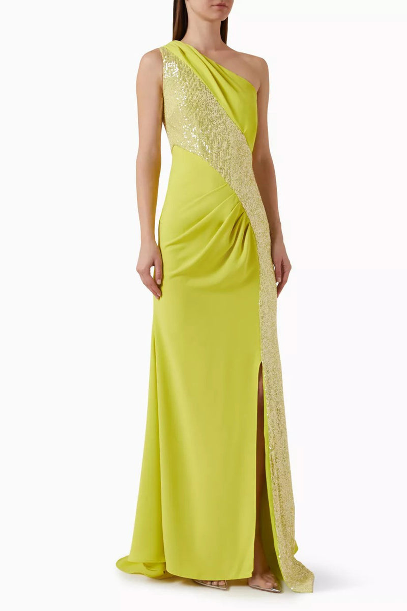 ONE SHOULDER MAXI DRESS WITH ASYMMETRIC INSERT AND SLIT