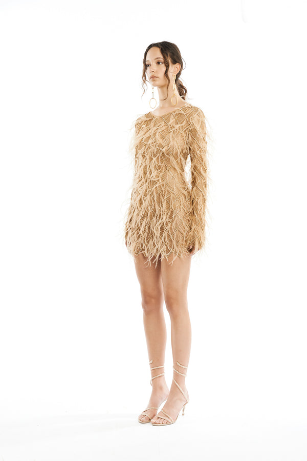 CRYSTAL FEATHERS MINI DRESS WITH SLEEVES