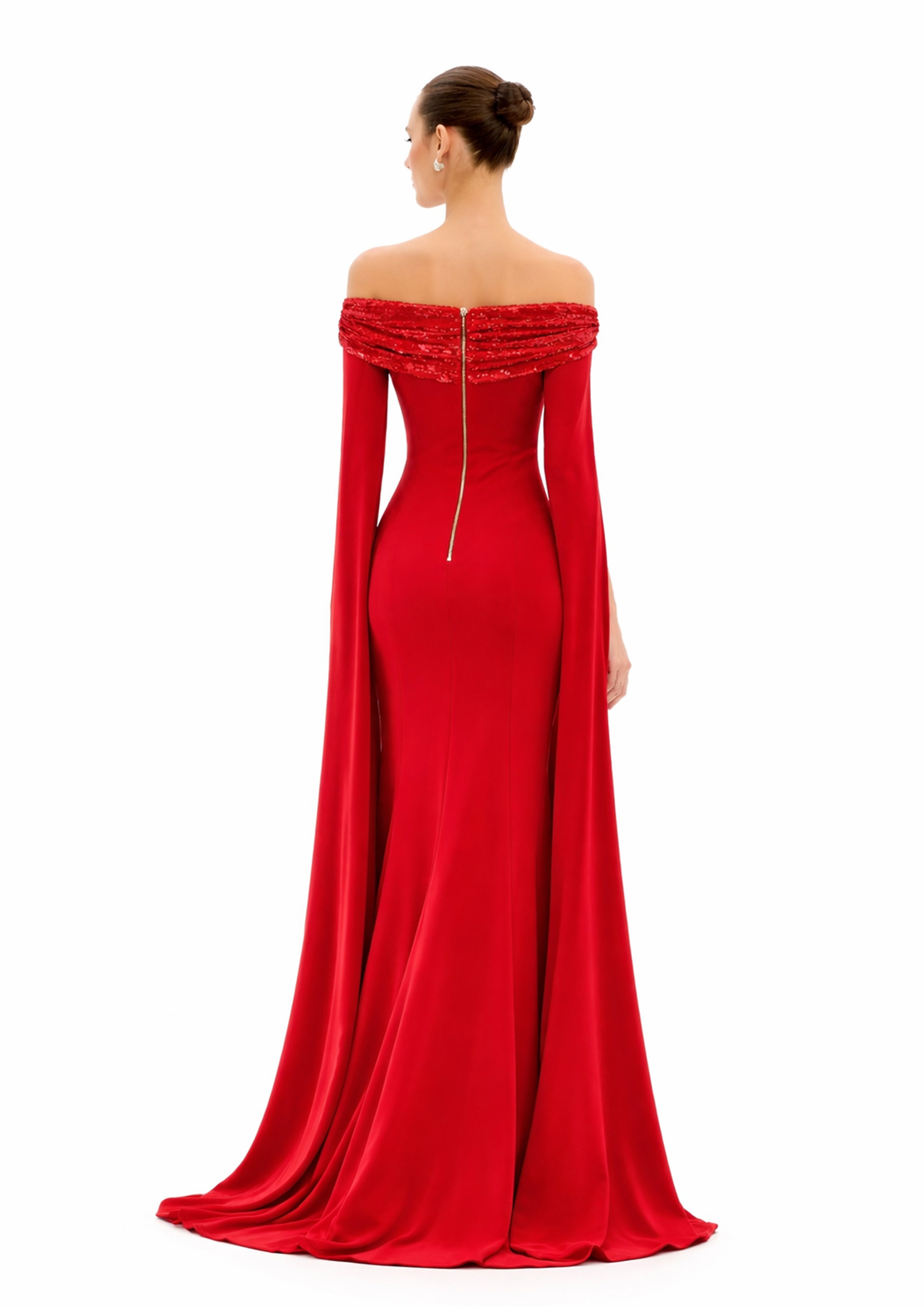OFF-SHOULDER GOWN WITH CAPE SLEEVES