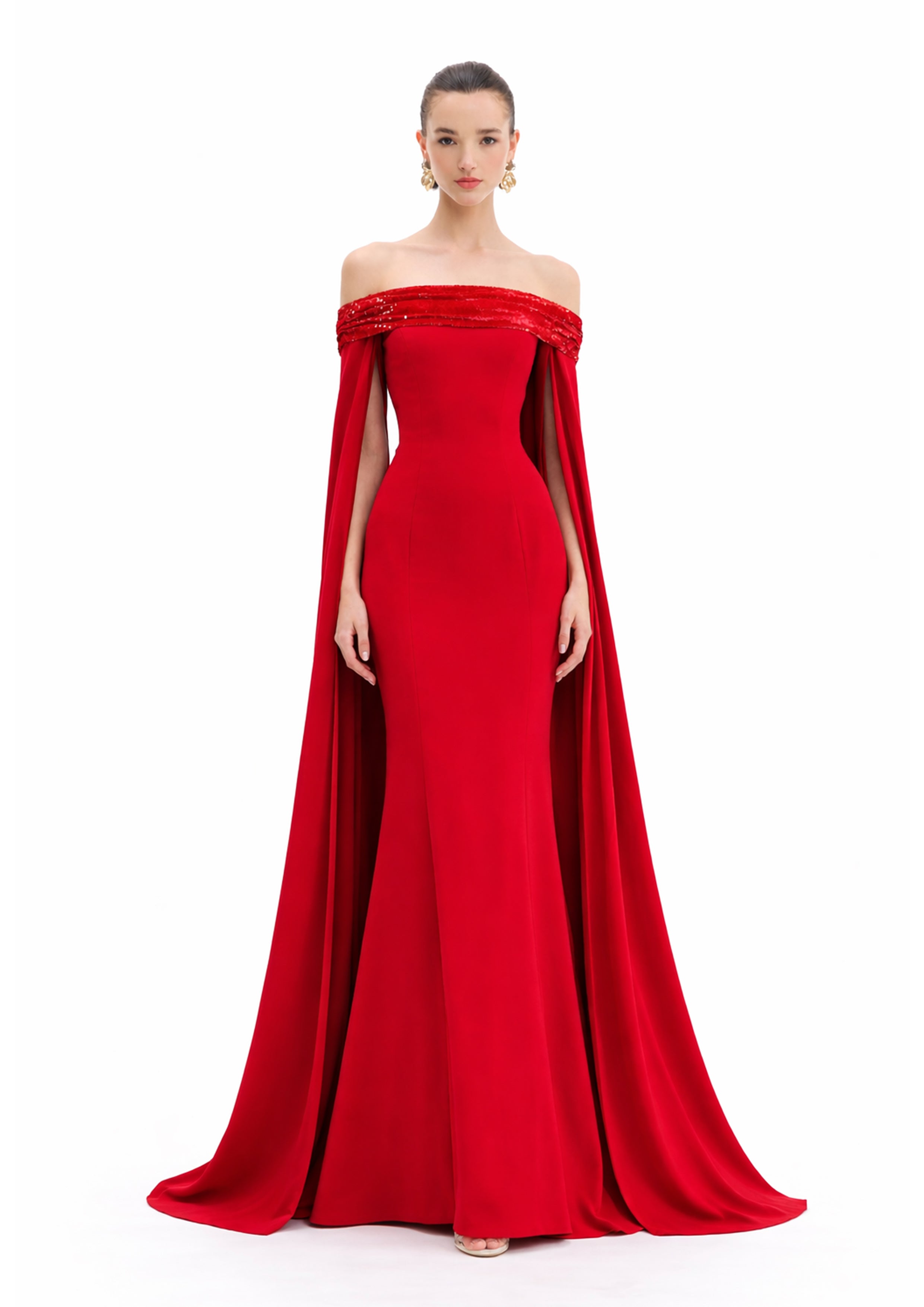 OFF-SHOULDER GOWN WITH CAPE SLEEVES