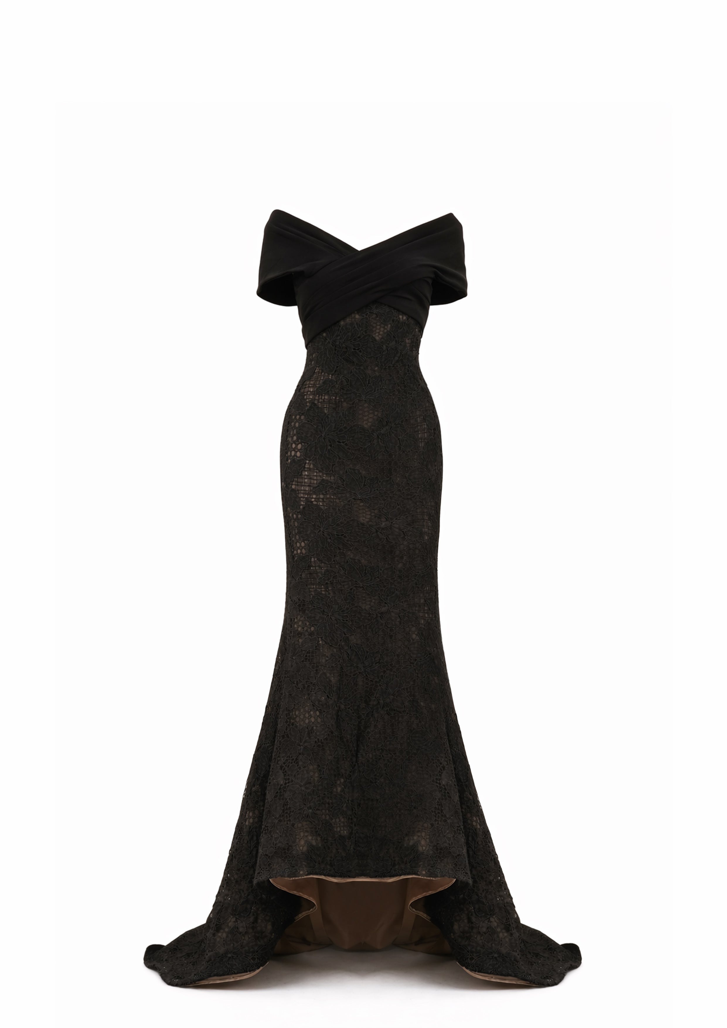 OFF-SHOULDER LACE GOWN WITH TRAIN