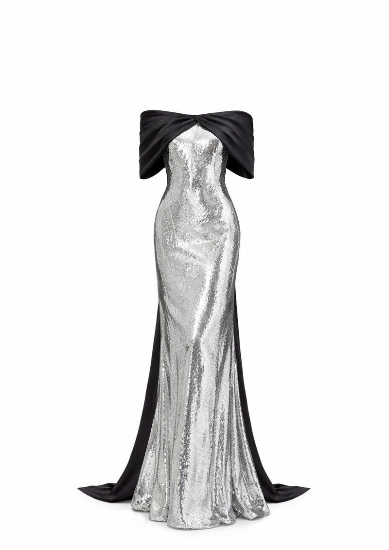 SEQUIN GOWN WITH BOW SLEEVES