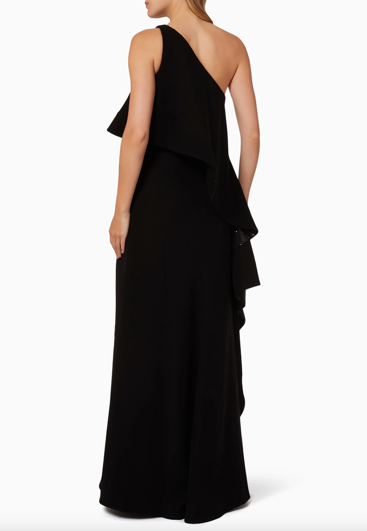 LONG ASYMMETRIC DRESS WITH MAXI FLOUNCE LINED IN SEQUINS