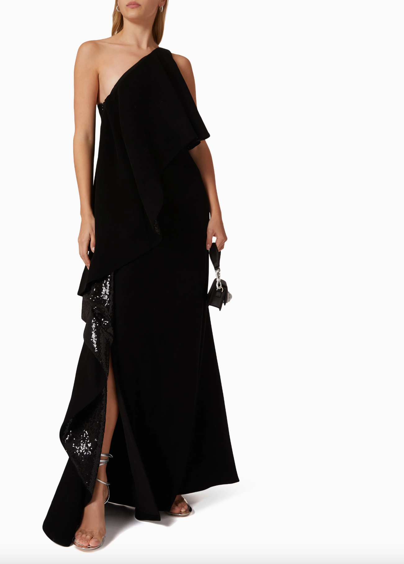 LONG ASYMMETRIC DRESS WITH MAXI FLOUNCE LINED IN SEQUINS