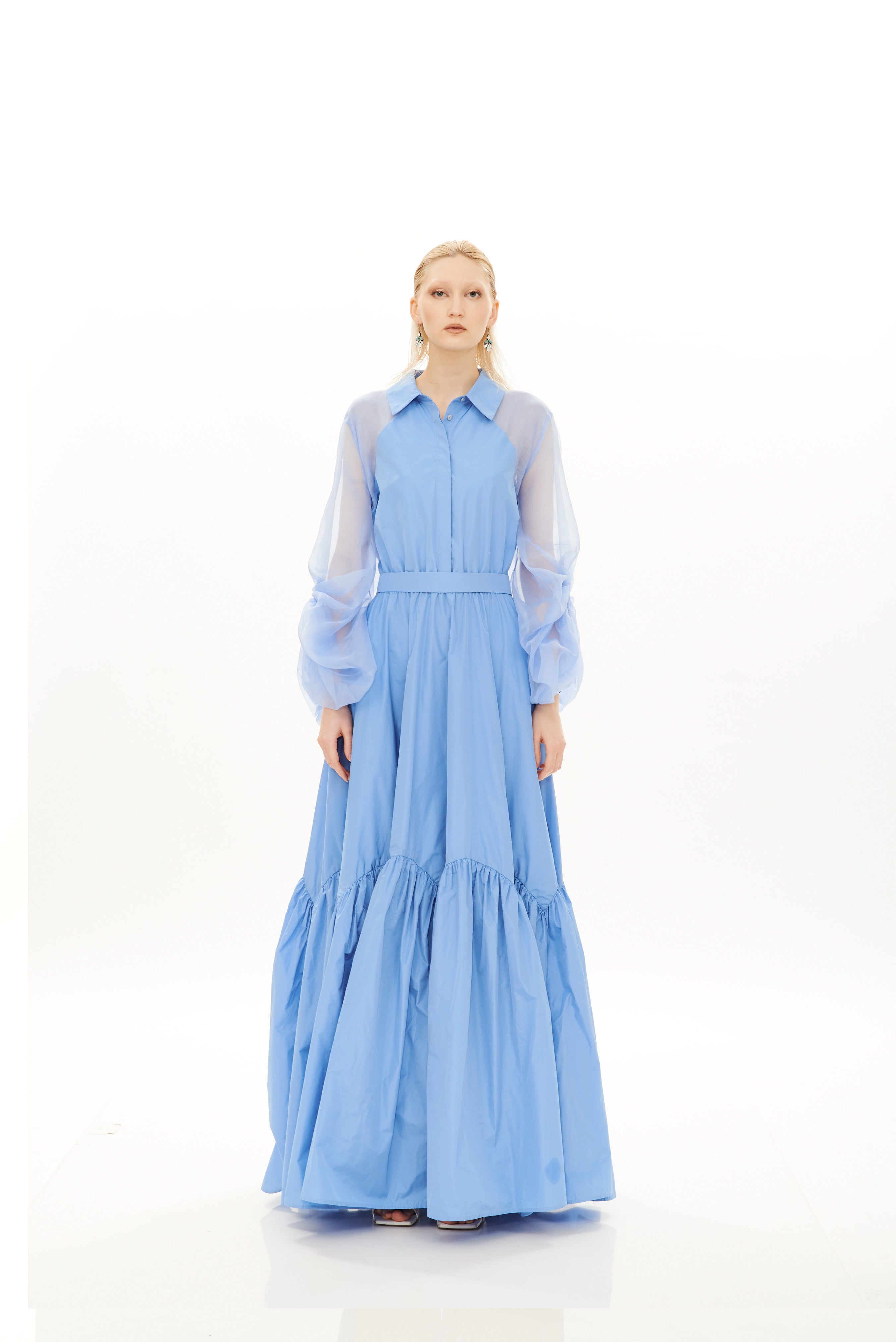 TAFFETA CHEMISIER WITH DETAILED ORGANZA ARMS