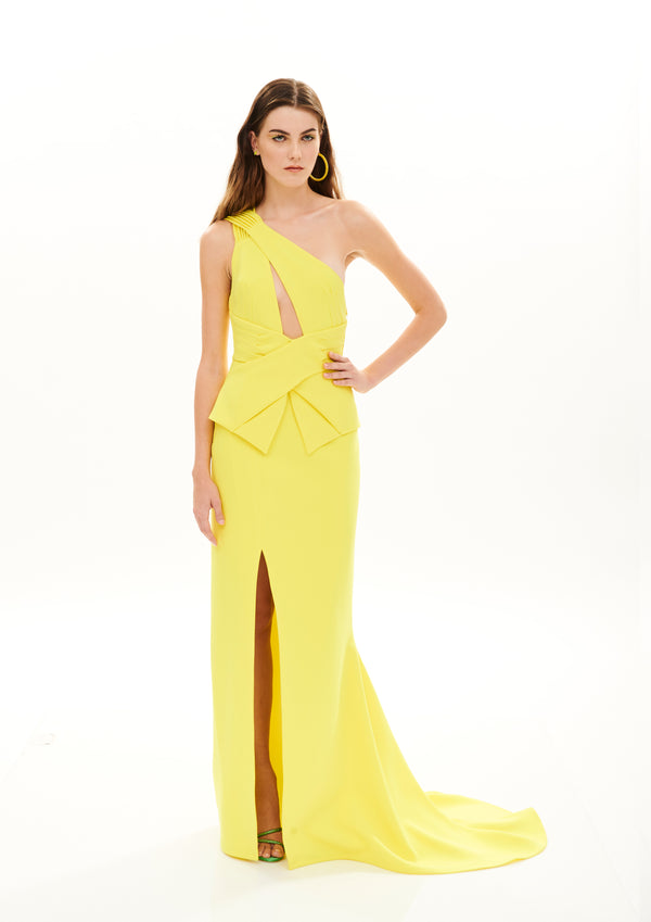 WAIST PLEATED BELT CUT-OUT LONG DRESS