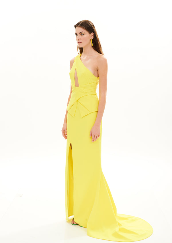 WAIST PLEATED BELT CUT-OUT LONG DRESS