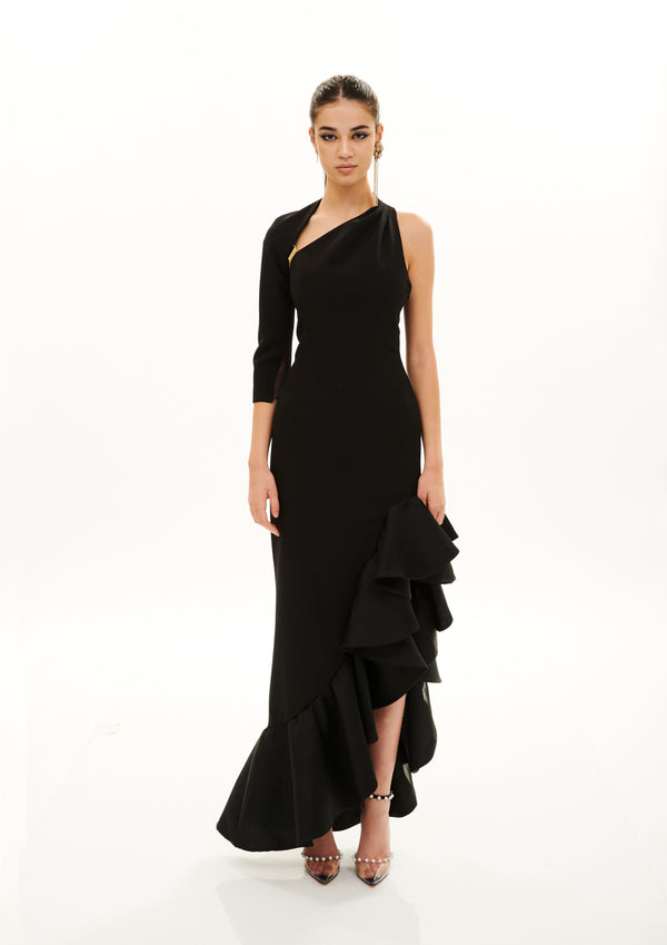 GLOVE ARMS RUFFLE LONG DRESS