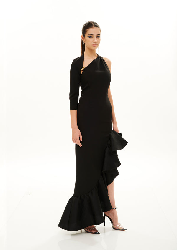 GLOVE ARMS RUFFLE LONG DRESS
