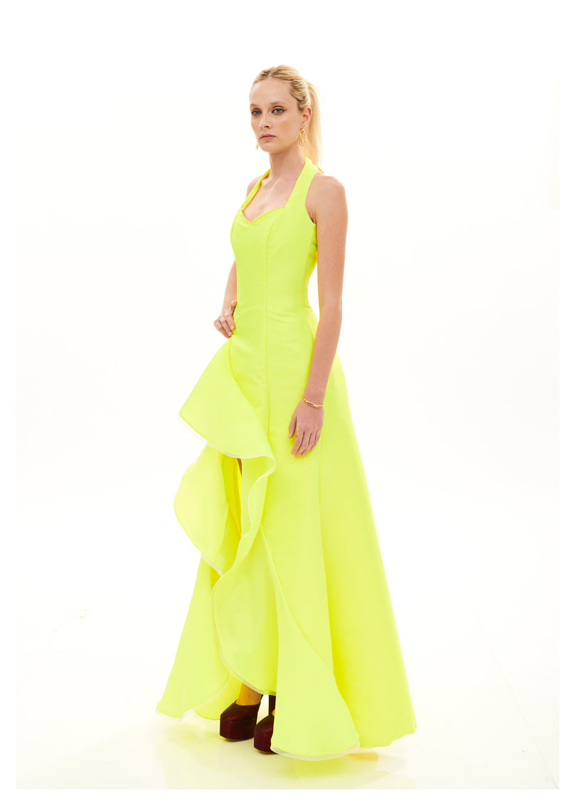 Lime Green Net Embroidered Readymade Indowestern Gown