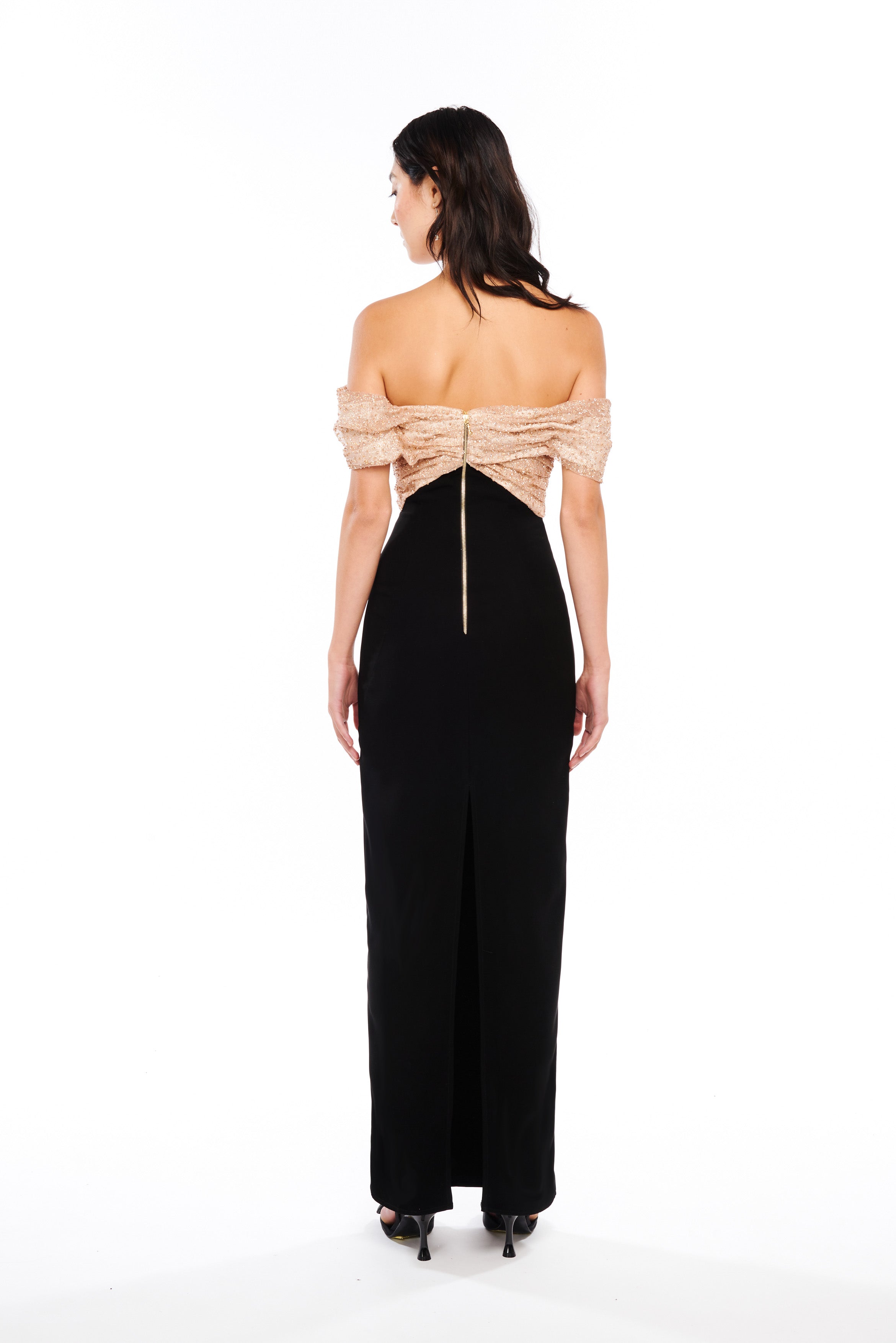 OFF-SHOULDER DRAPED COLUMN DRESS