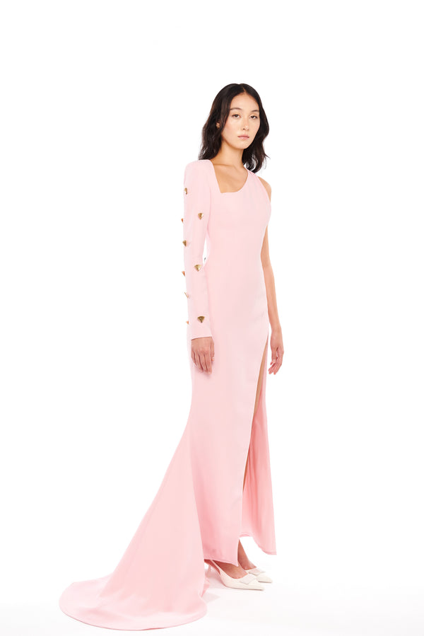 SILHOUETTE ONE ARM GOWN WITH SIDE TRAIN