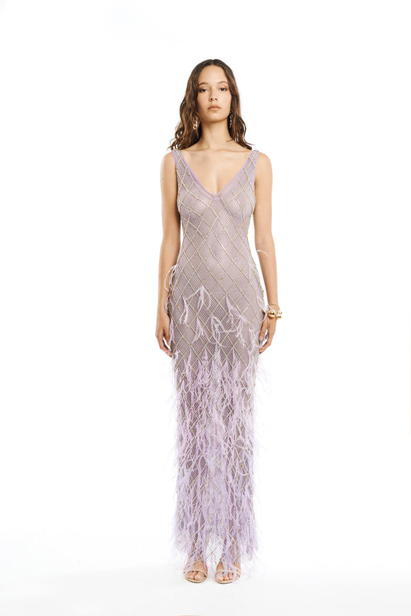 CRYSTAL FEATHERS V-NECK SILHOUETTE MAXI DRESS