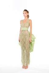 CRYSTAL FEATHERS V-NECK SILHOUETTE MAXI DRESS