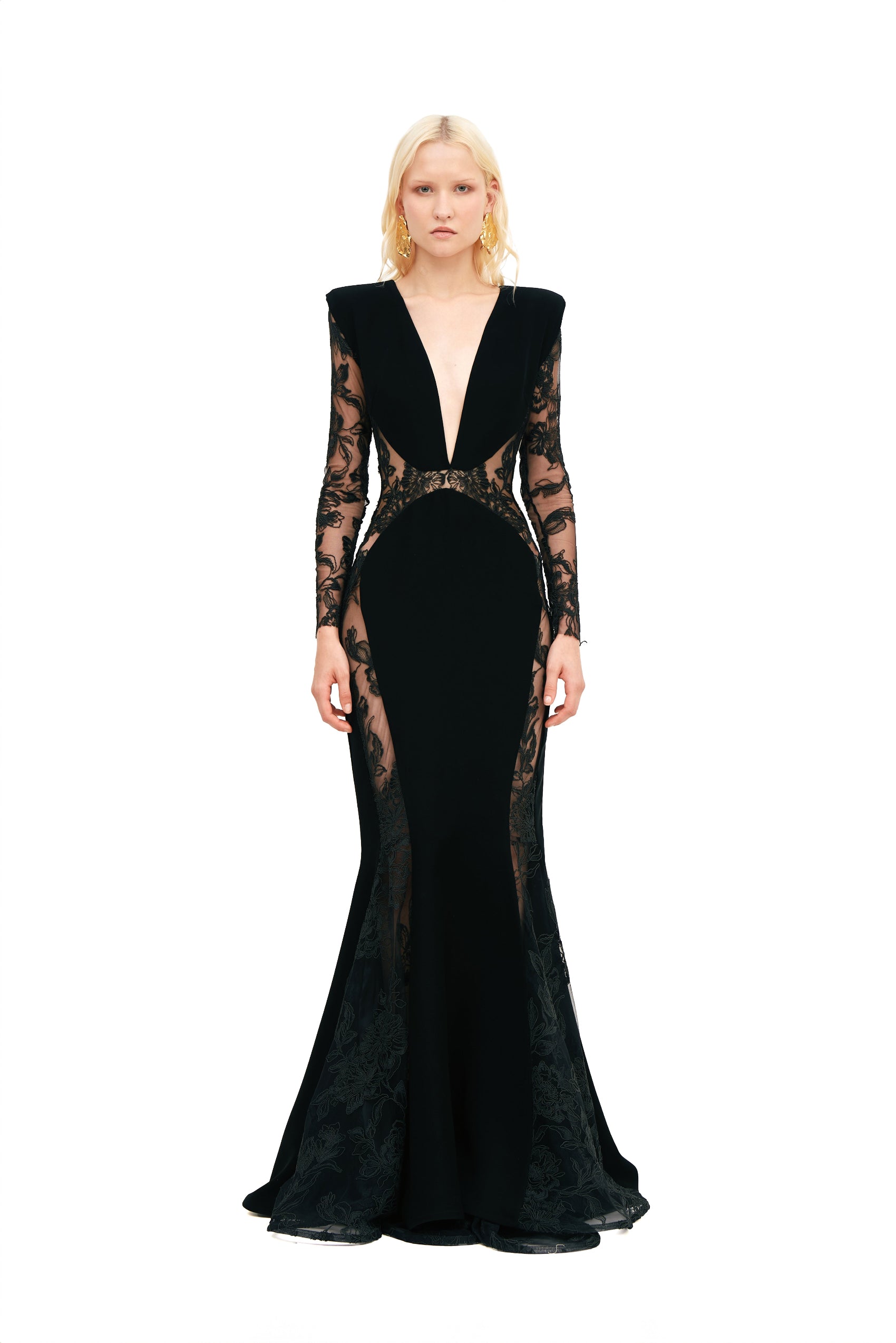LONG SLEEVE MERMAID DRESS WITH SHEER PANELS