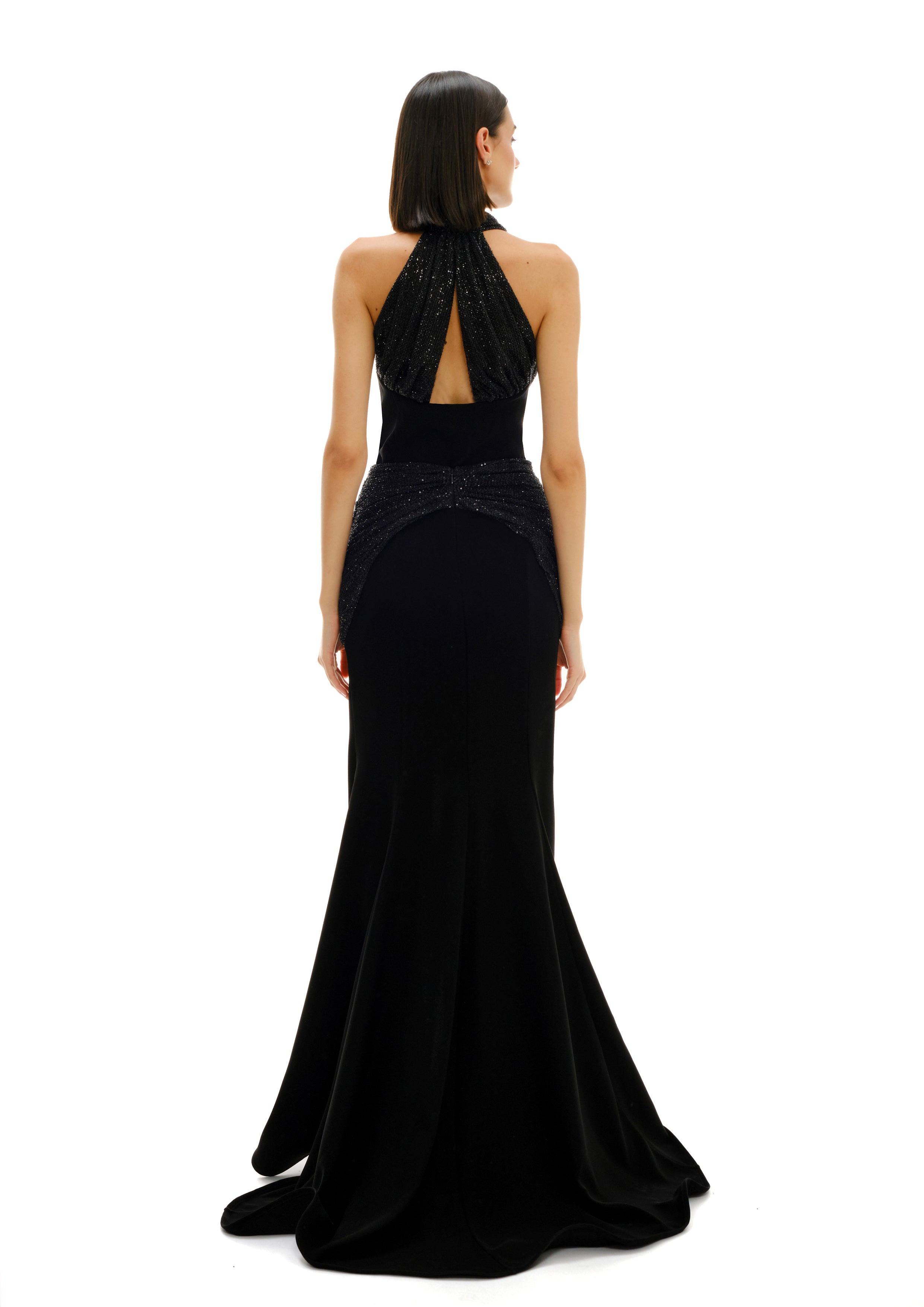SHEER CRYSTAL COWL NECK DRESS