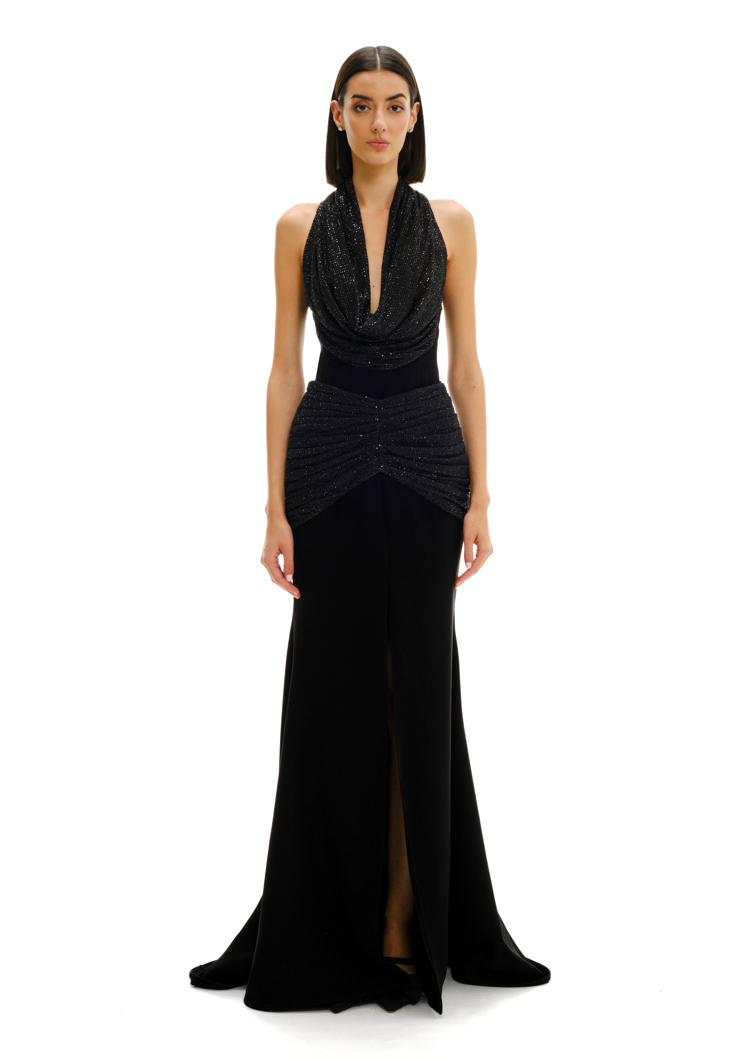 SHEER CRYSTAL COWL NECK DRESS