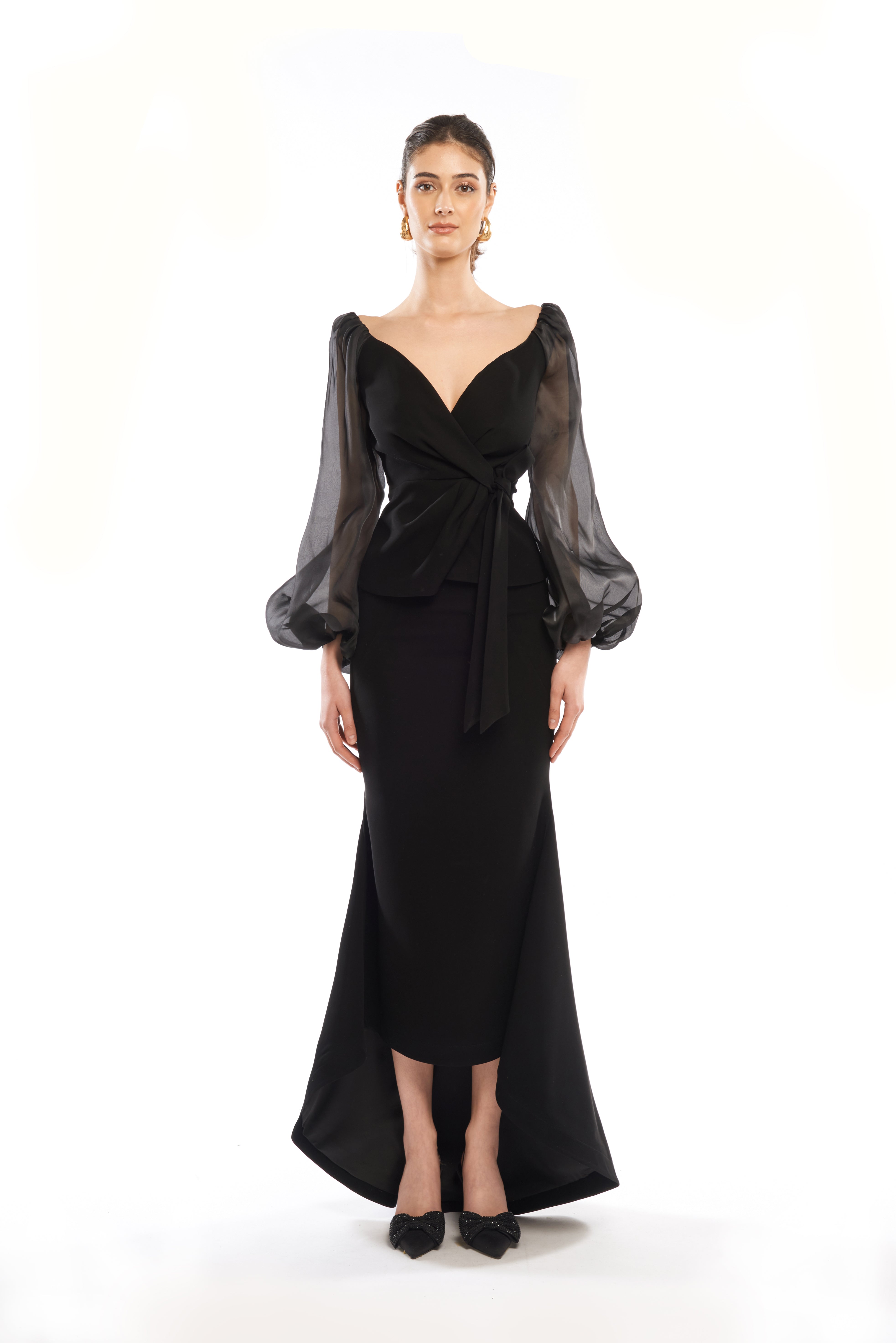 WALLET DRAPPED DRESS WITH BALLOON SLEEVES