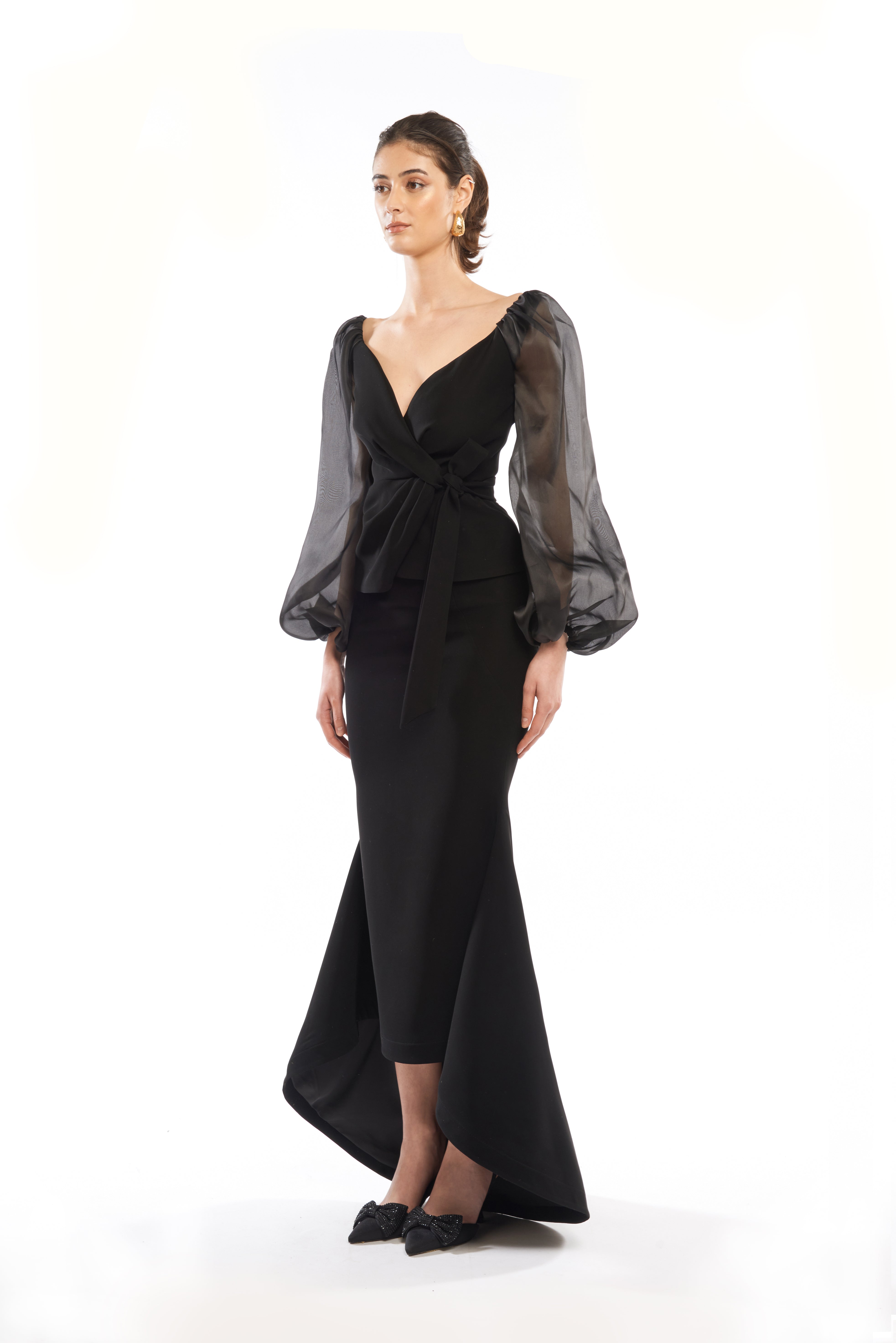 WALLET DRAPPED DRESS WITH BALLOON SLEEVES