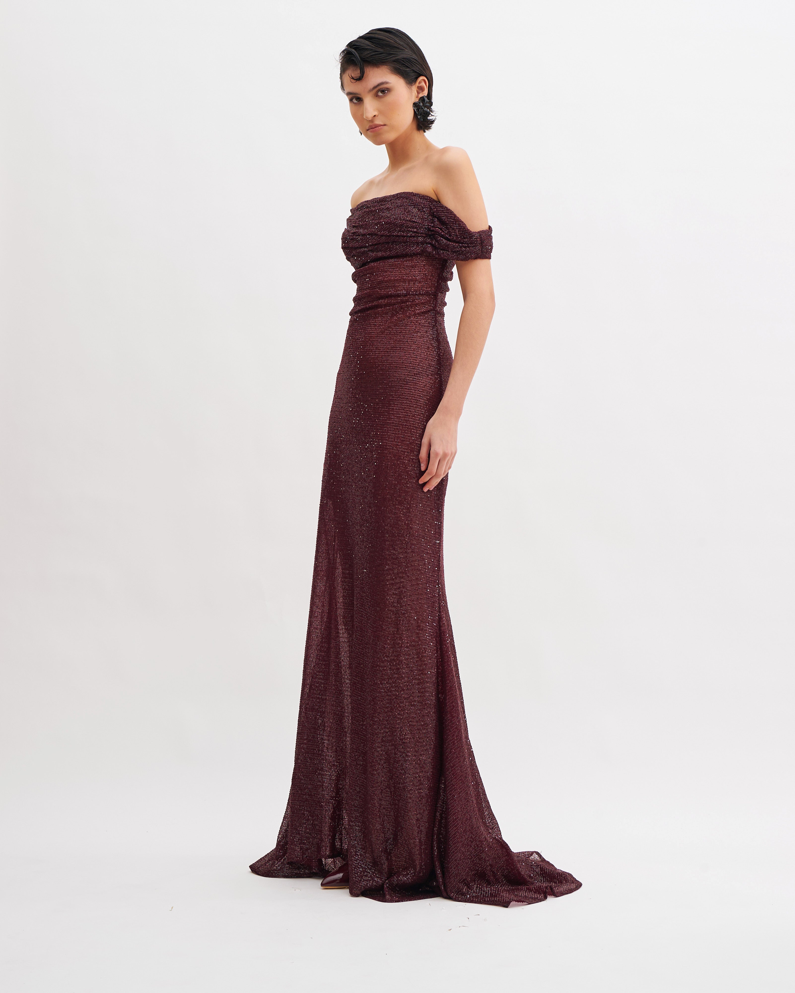 OFF-THE-SHOULDER CRYSTAL MAXI DRESS