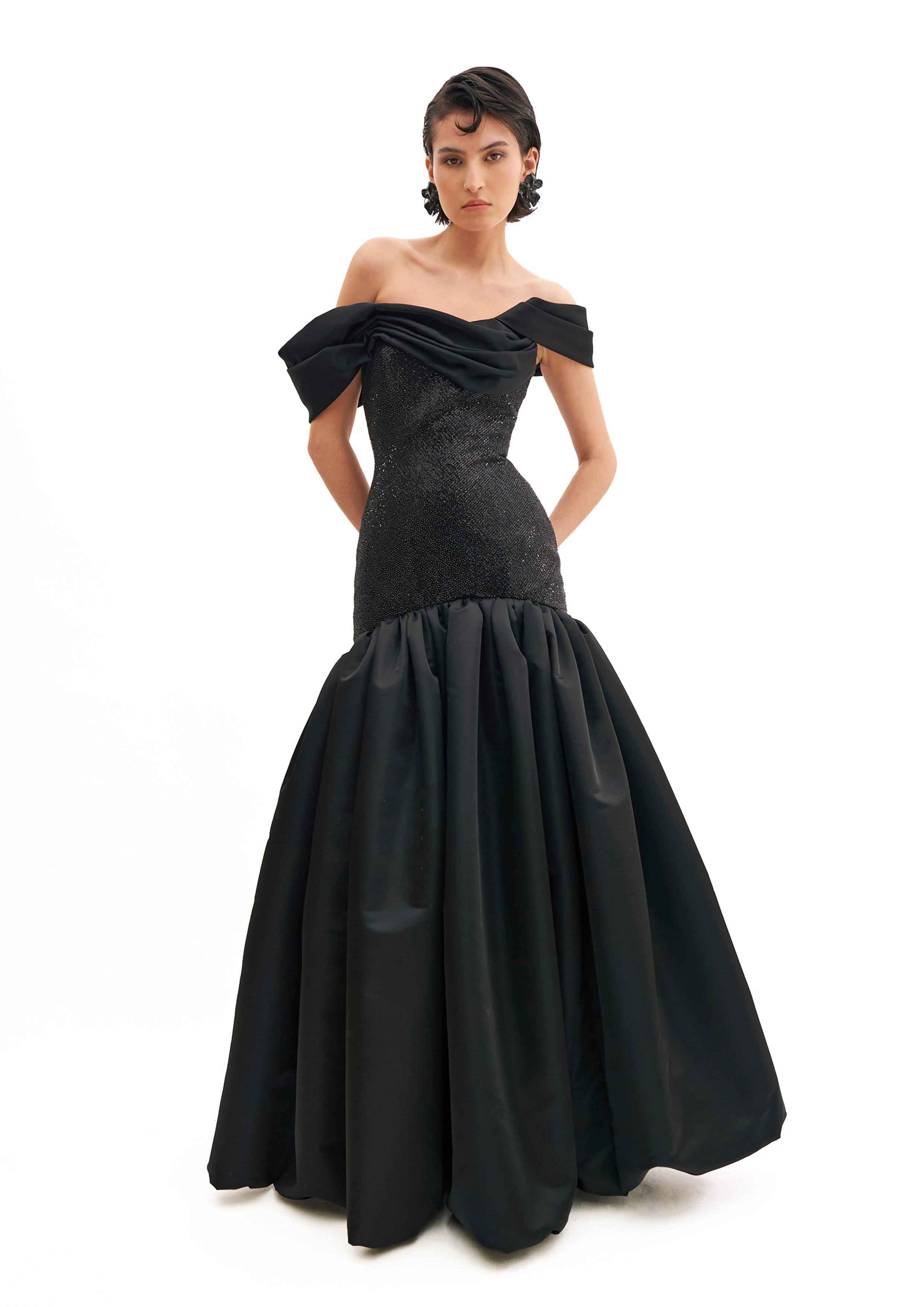 DRAPED SHOULDERS CRYSTAL GOWN WITH HOURGLASS FLARE  SKIRT