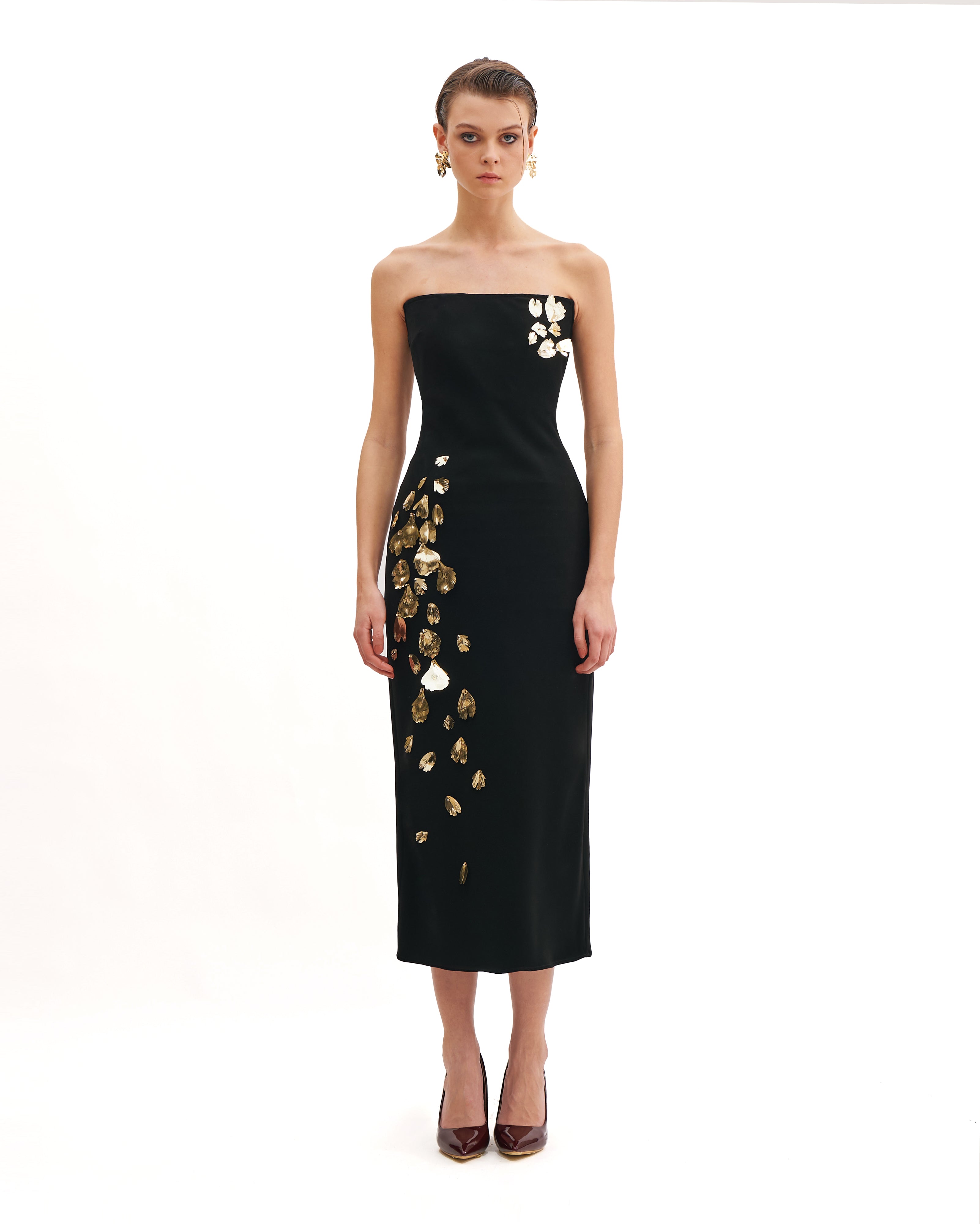 CORSETED TUBE DRESS WITH FOGLIA D’ORO
