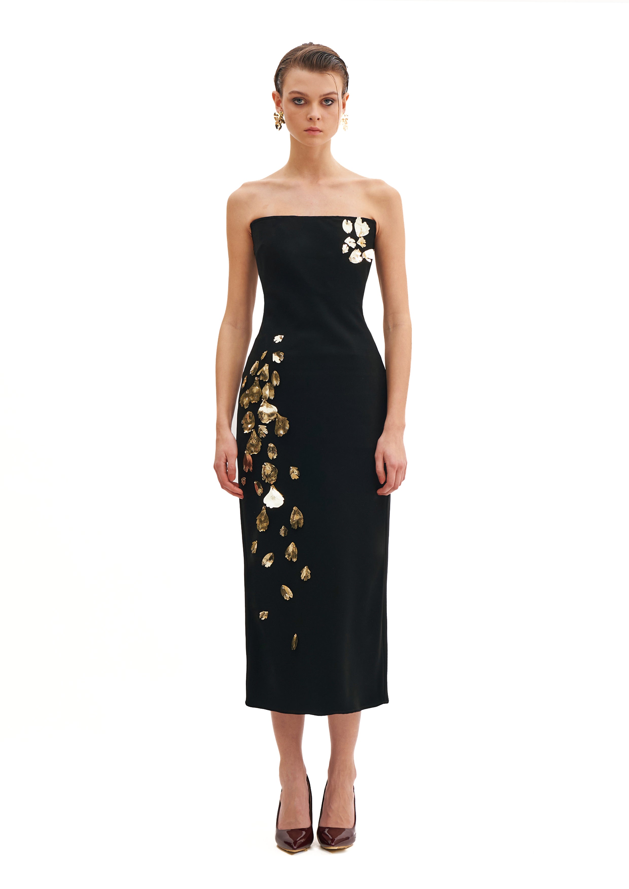 CORSETED TUBE DRESS WITH FOGLIA D’ORO