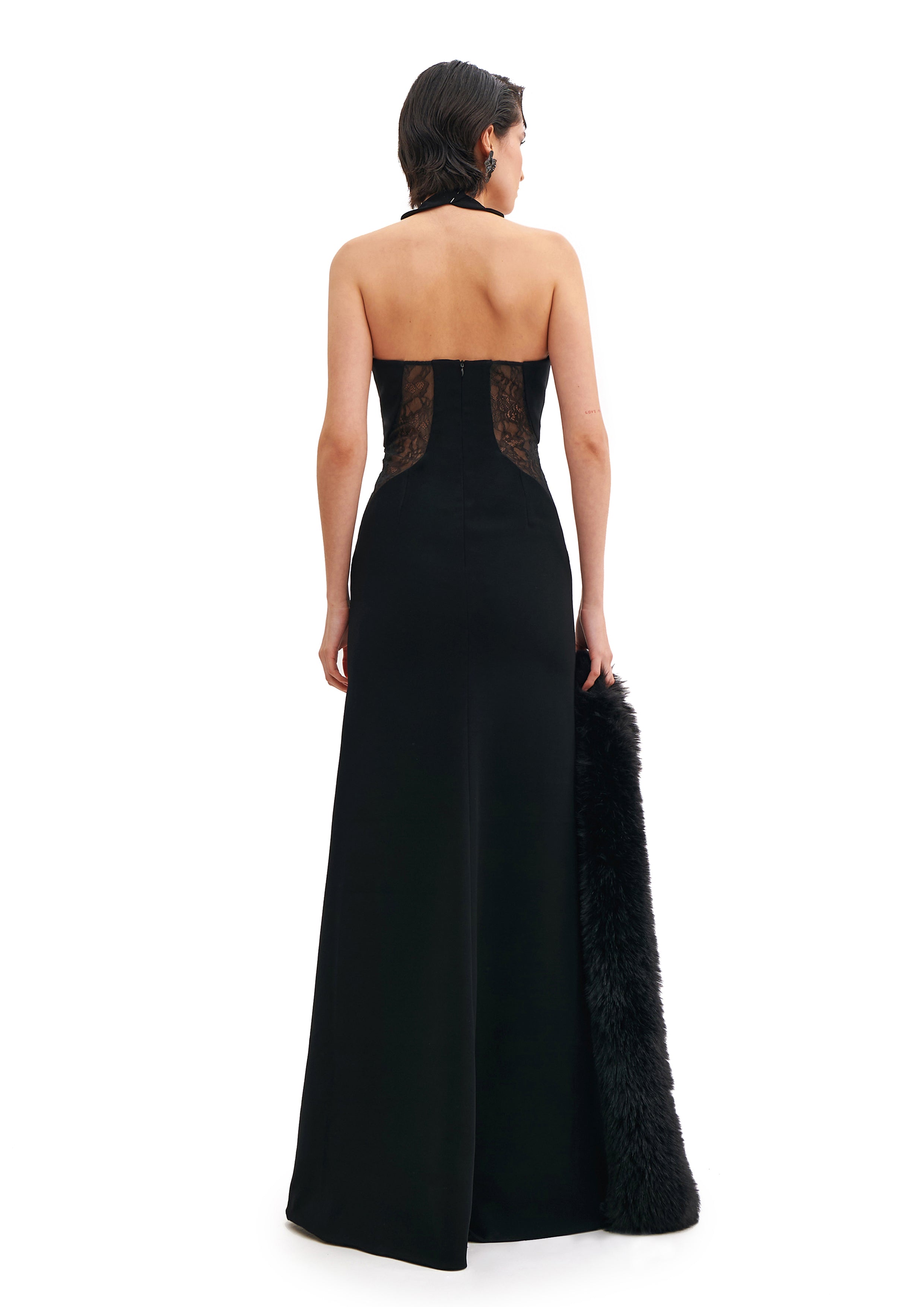 HALTER NECK CRISS-CROSS MAXI DRESS WITH LACE INSERTS