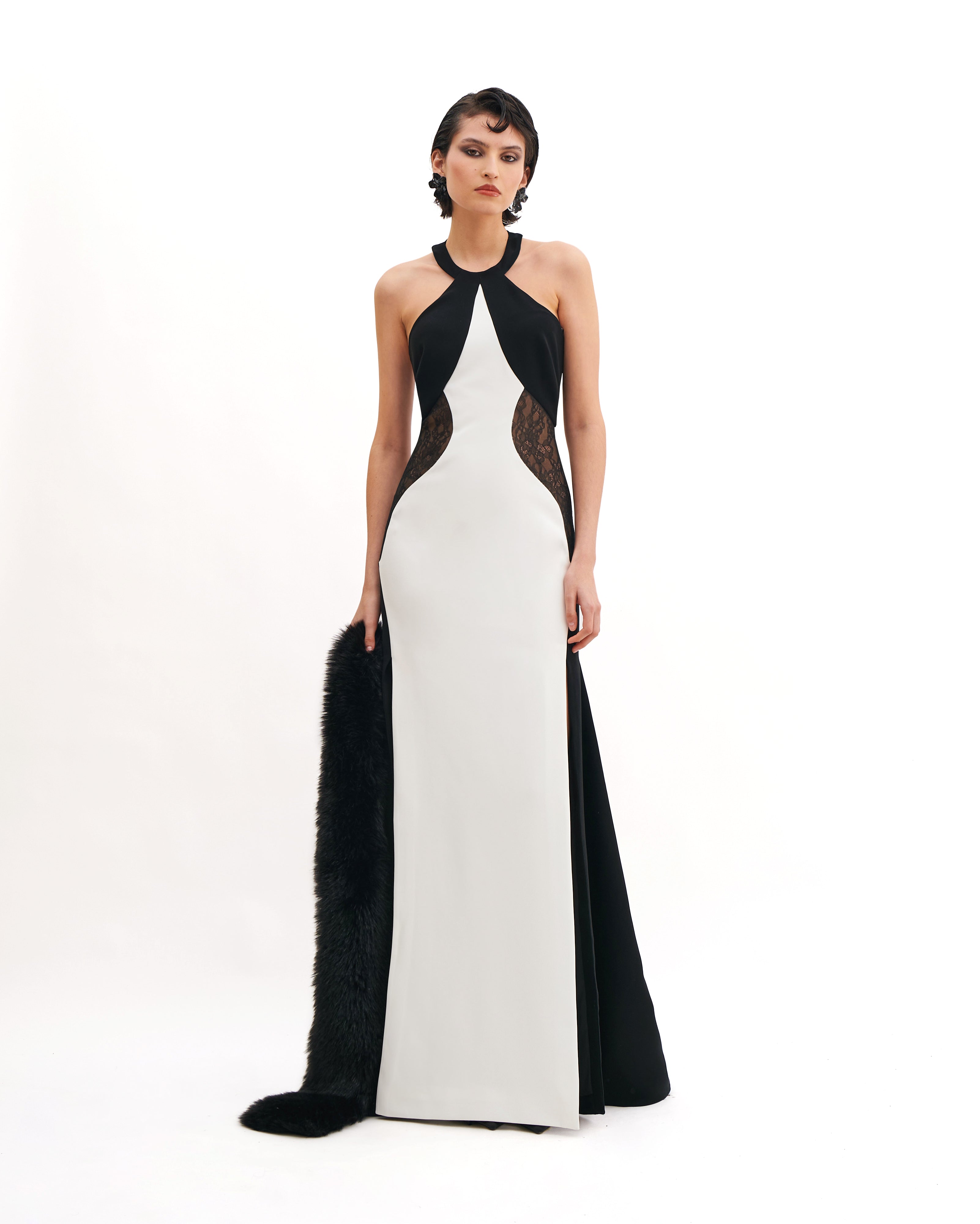 HALTER NECK CRISS-CROSS MAXI DRESS WITH LACE INSERTS