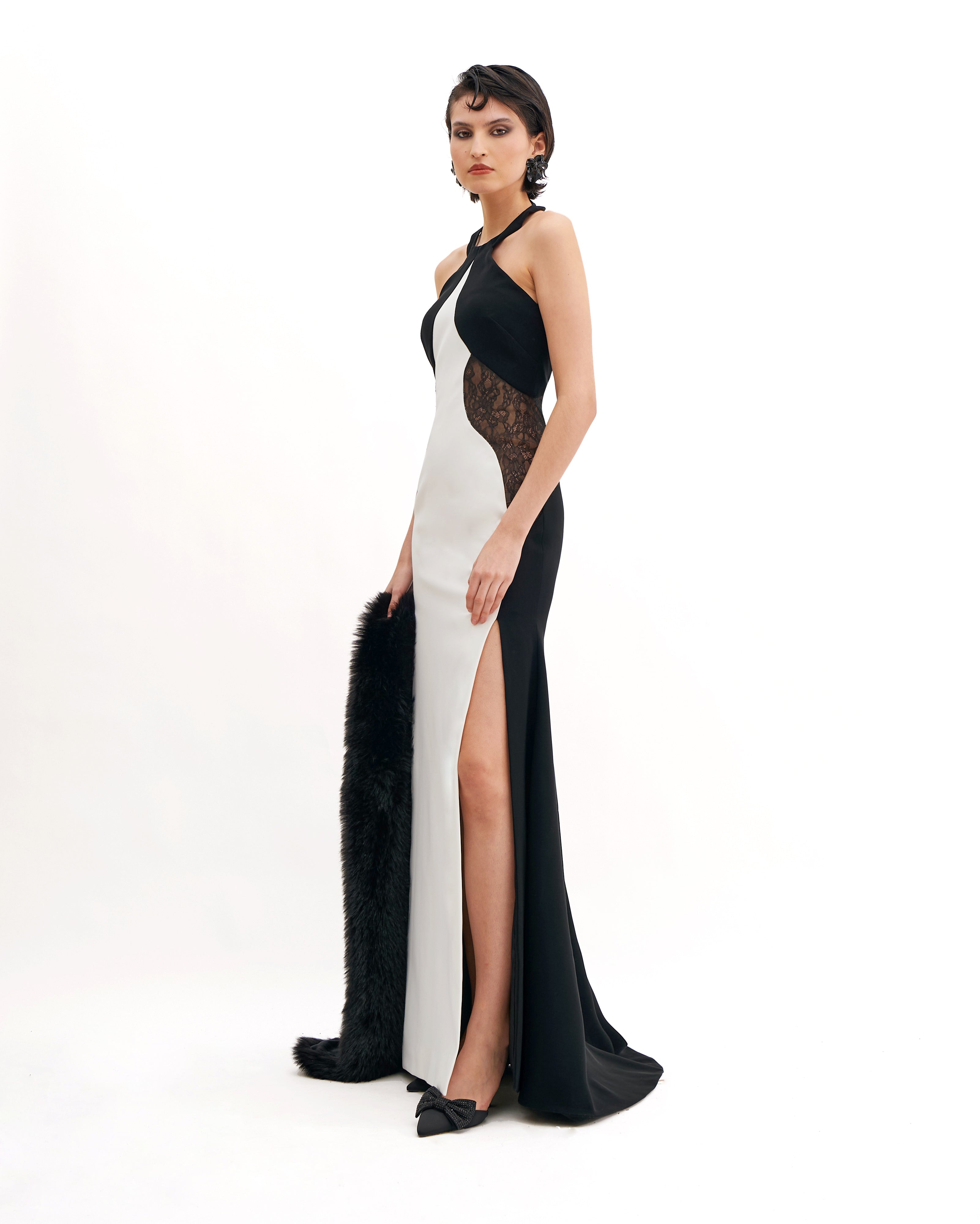 HALTER NECK CRISS-CROSS MAXI DRESS WITH LACE INSERTS