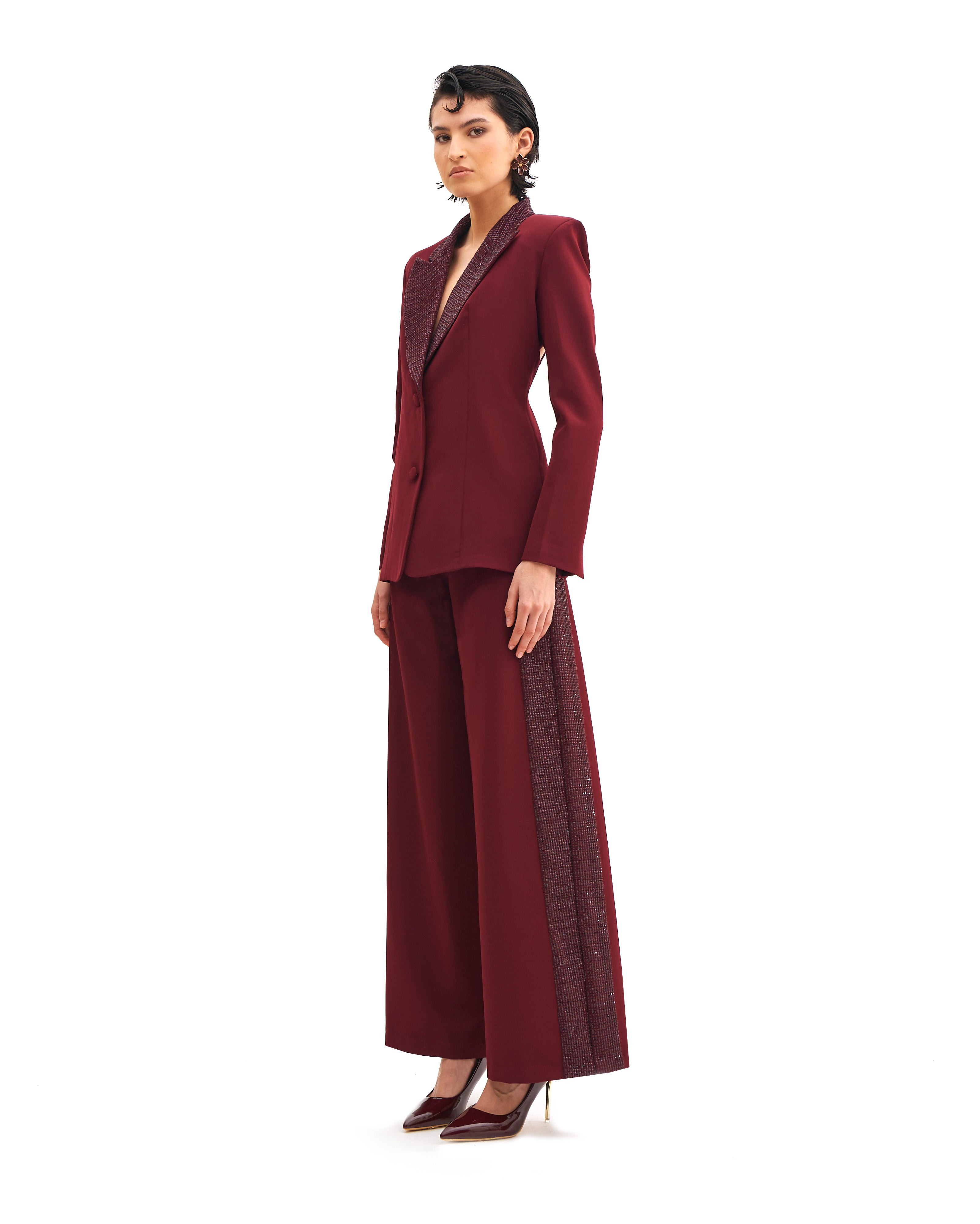 GARNET TROUSERS WITH STARLIT ACCENTS