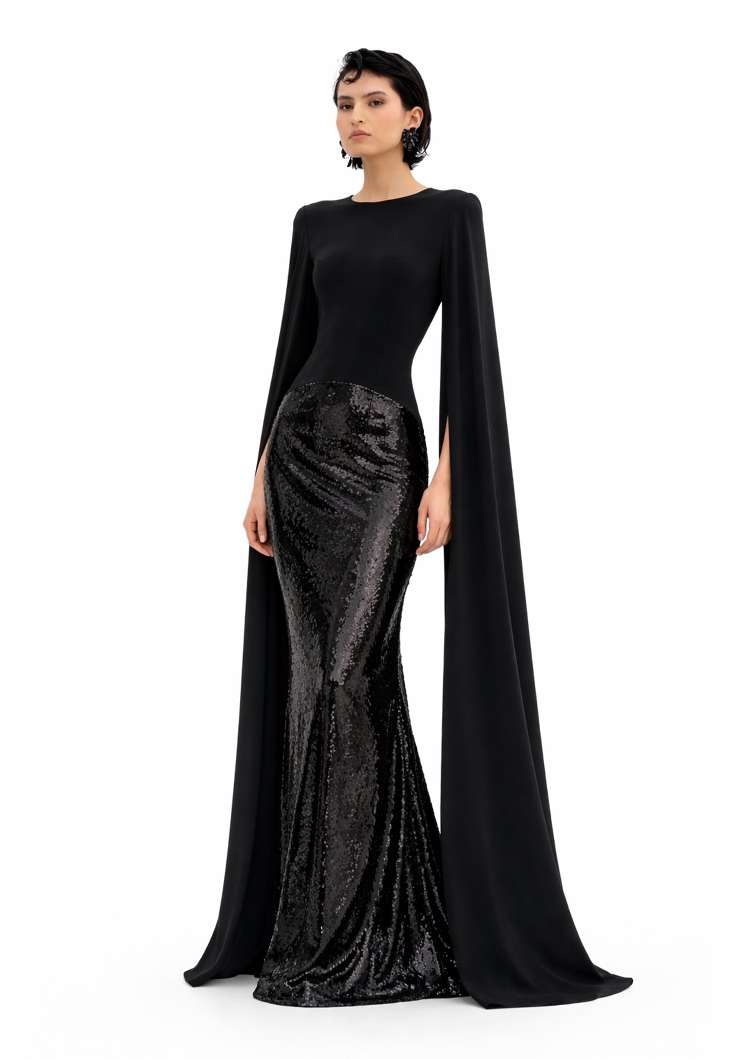 SEQUIN GOWN WITH CAPE SLEEVES