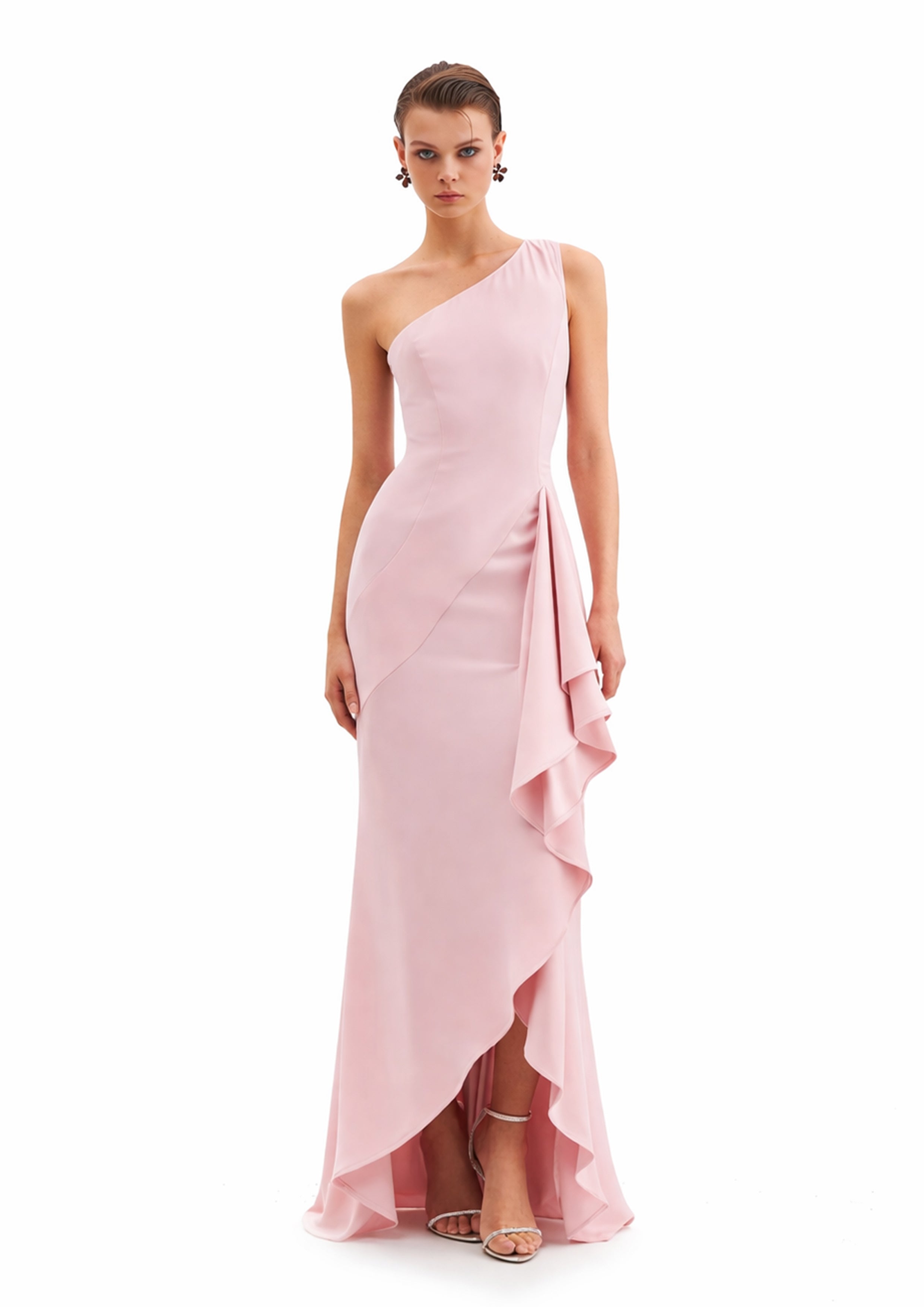 ASYMMETRIC GOWN WITH CASCADING RUFFLE