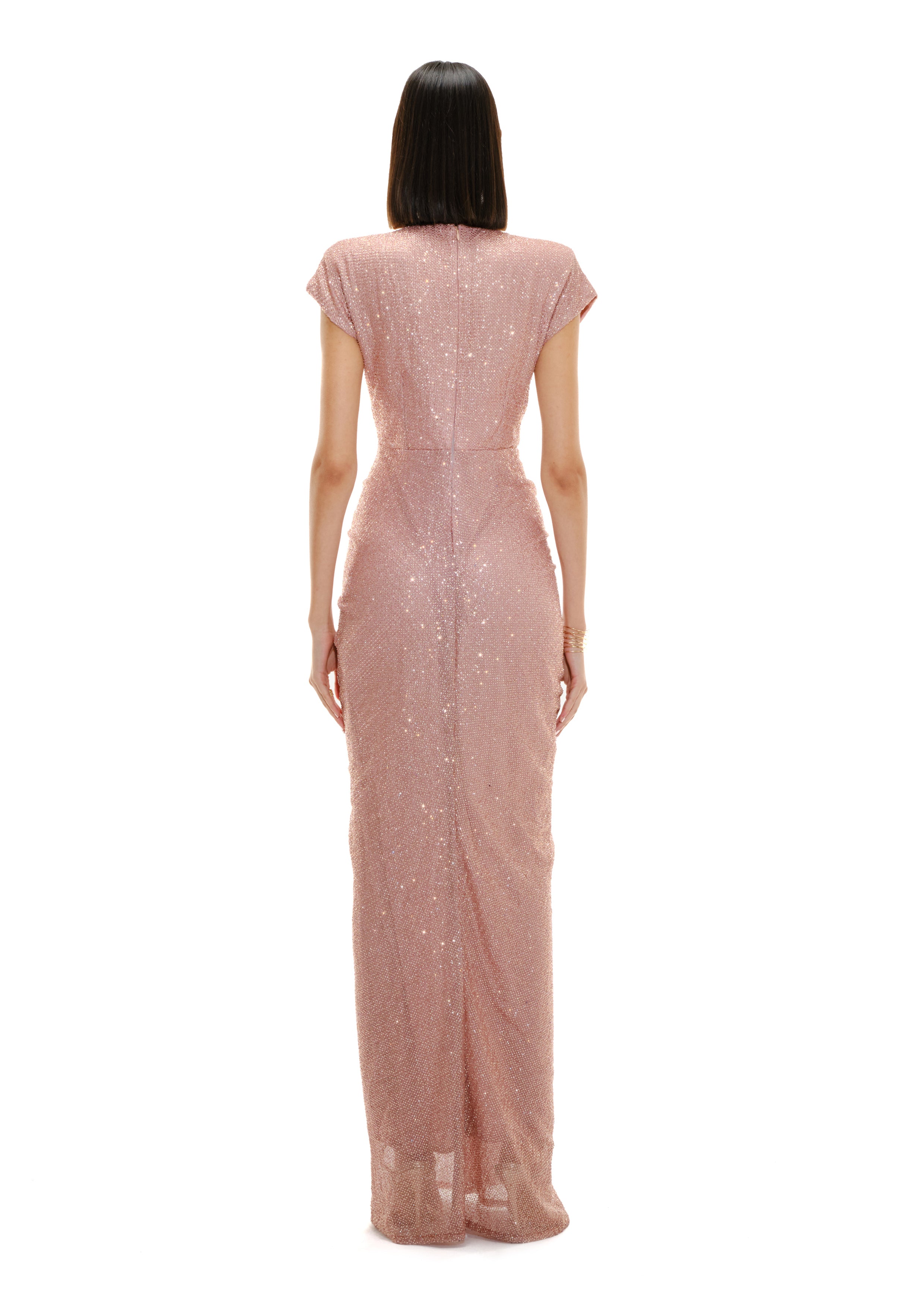 Plunge pleated maxi dress back view, Avaro Figlio SS26