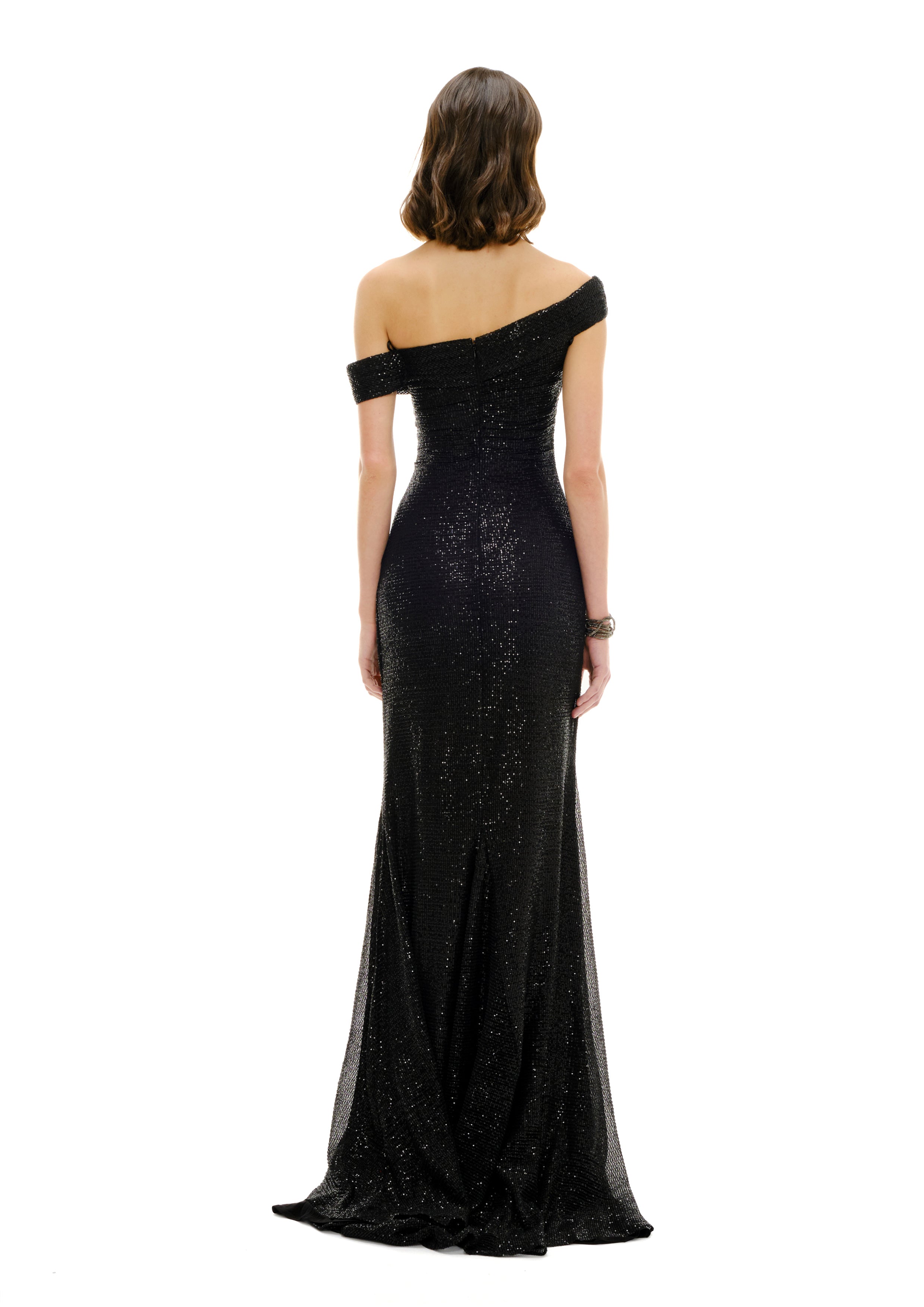 CRYSTAL DRAPED SHOULDER MAXI DRESS