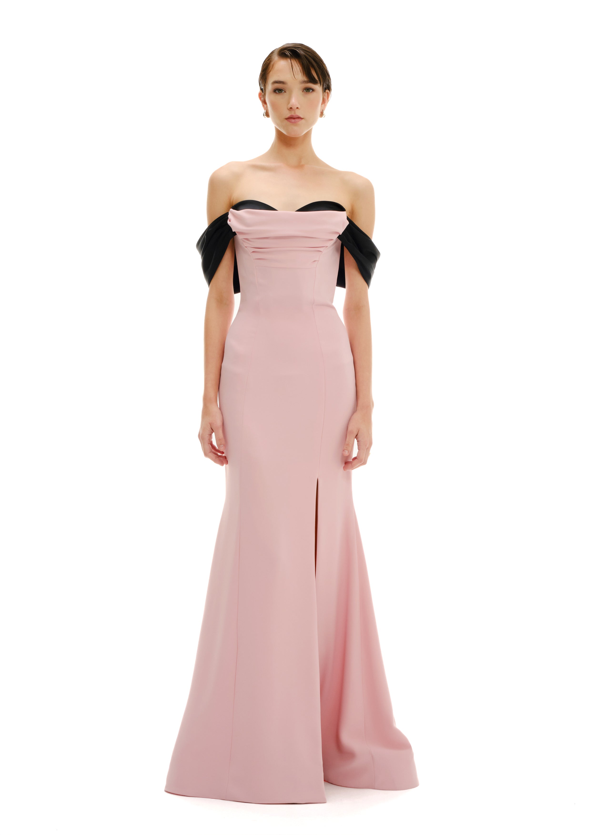 OFF SHOULDER GOWN WITH DRAPED CONTRAST DETAIL
