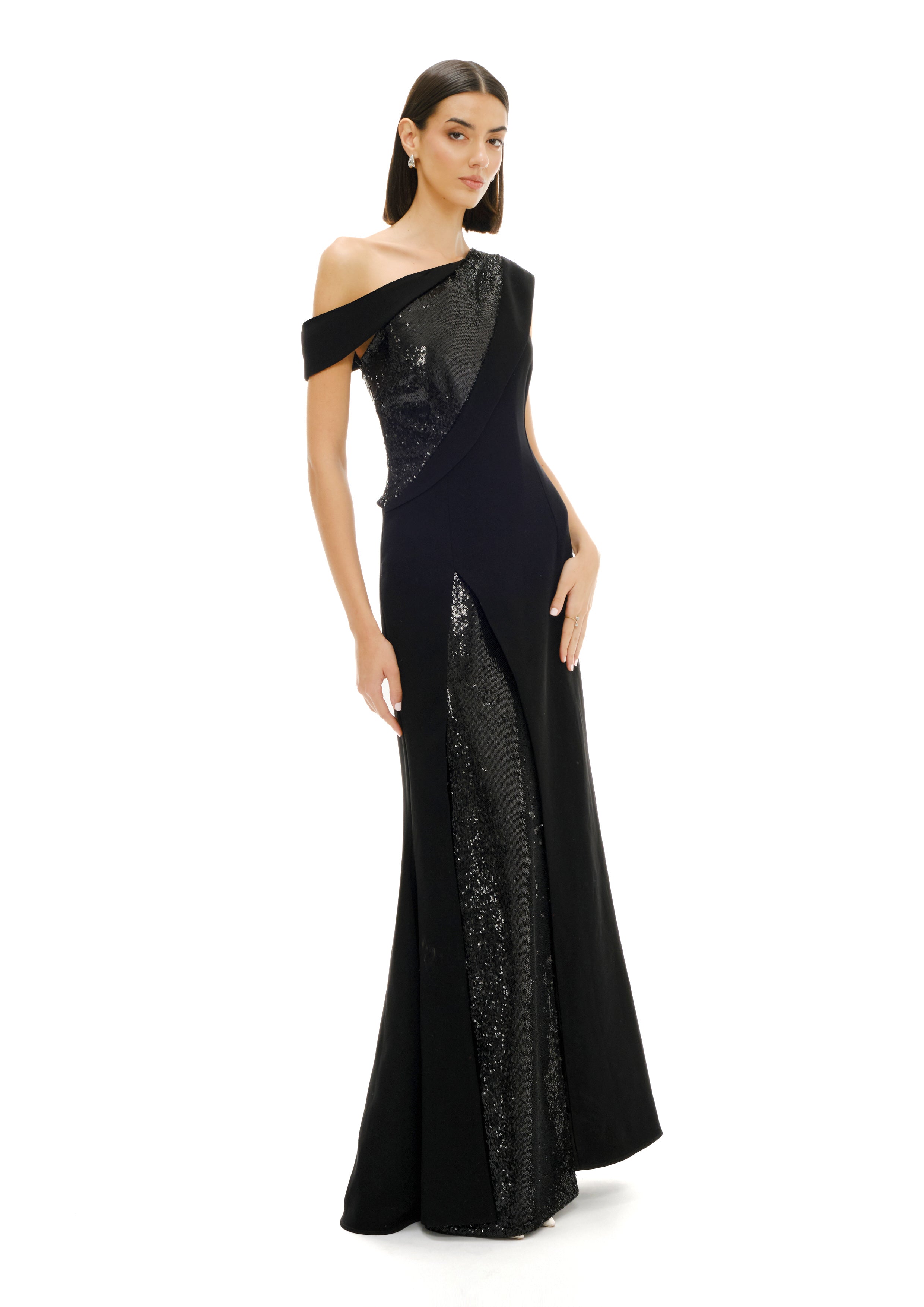 ONE-SHOULDER SEQUIN PANEL GOWN