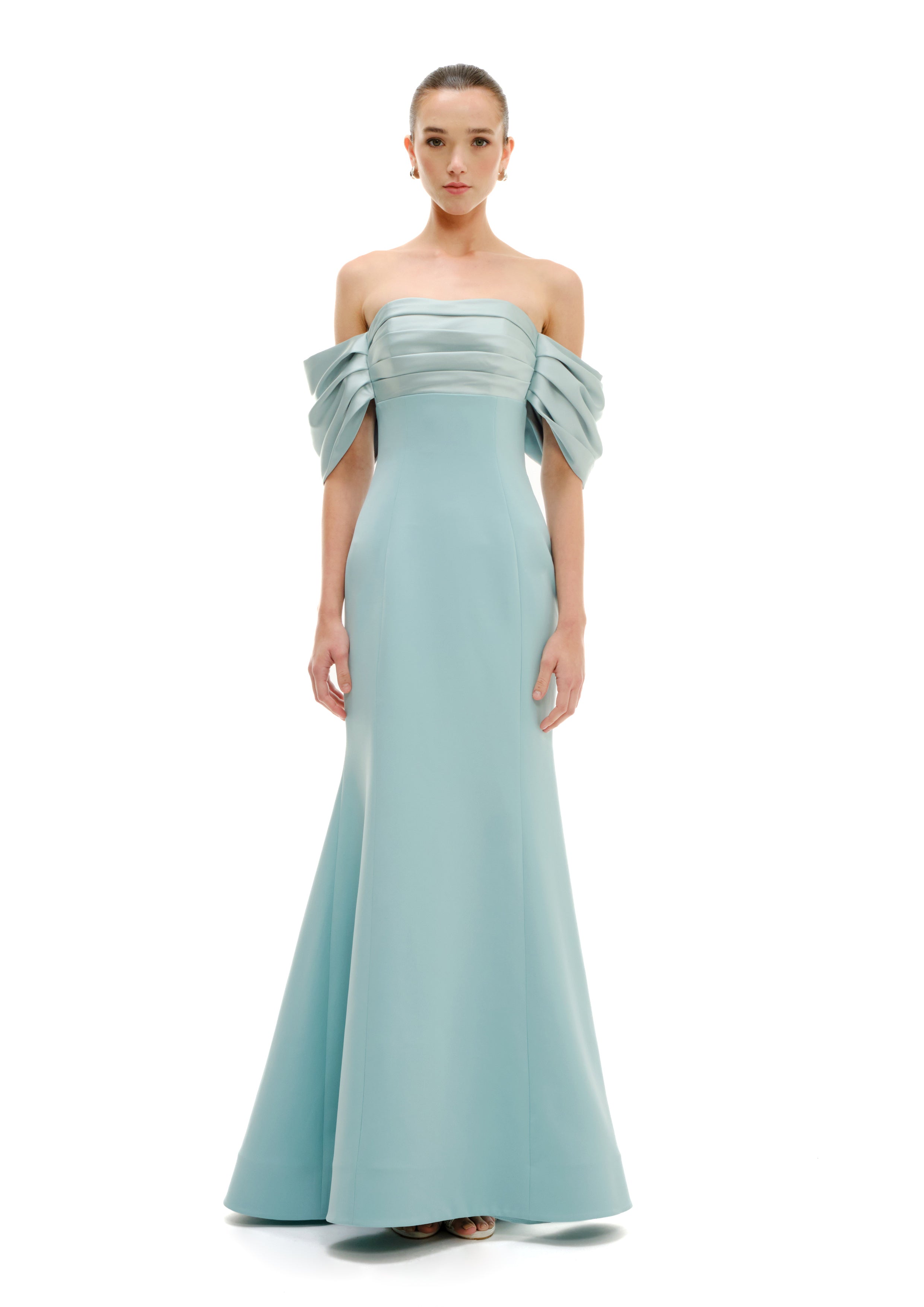 BUSTIER MERMAID MAXI DRESS WITH DRAPED SLEEVES