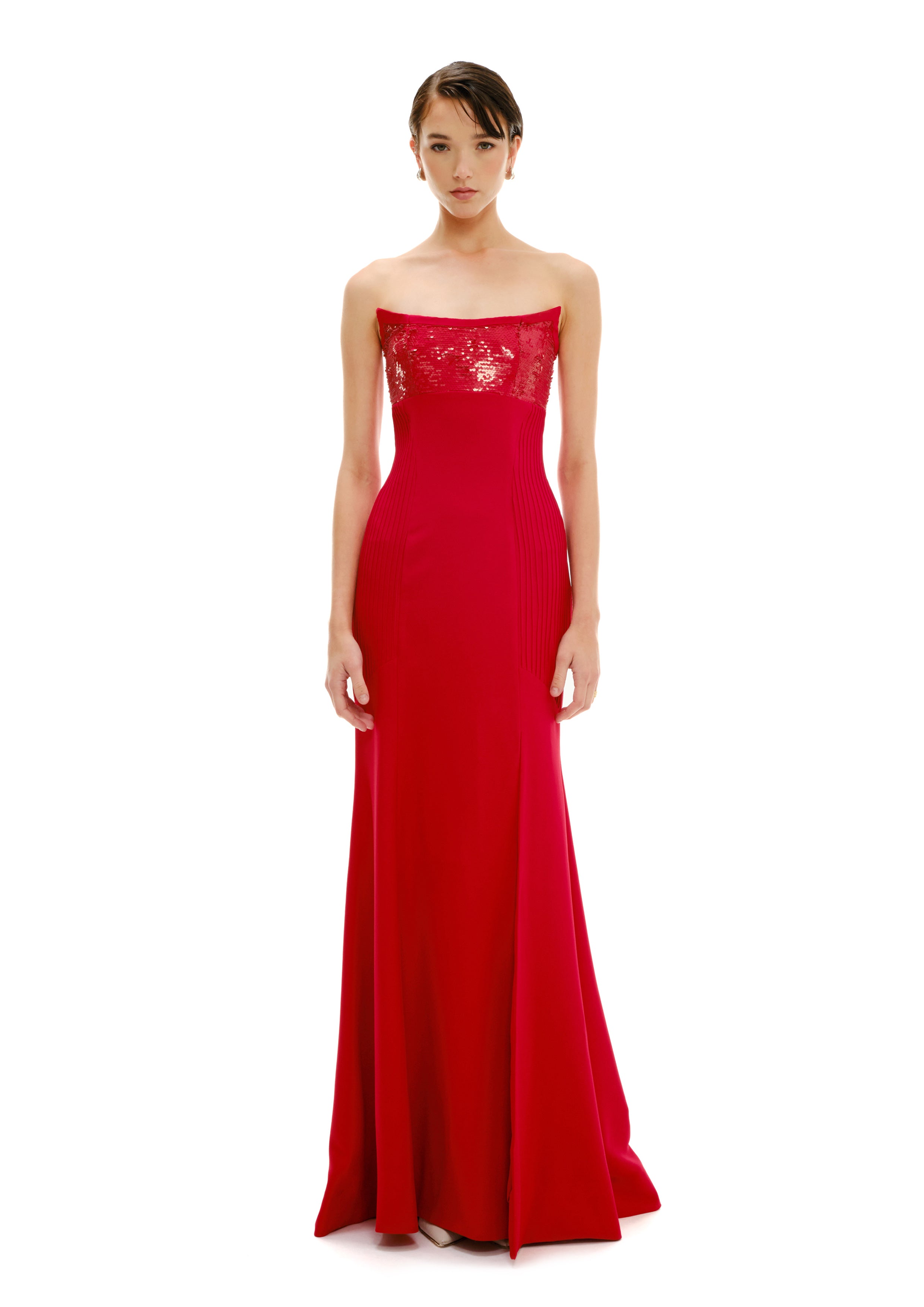 Starry bustier maxi dress in red with star embellishment, Avaro Figlio SS26 front view