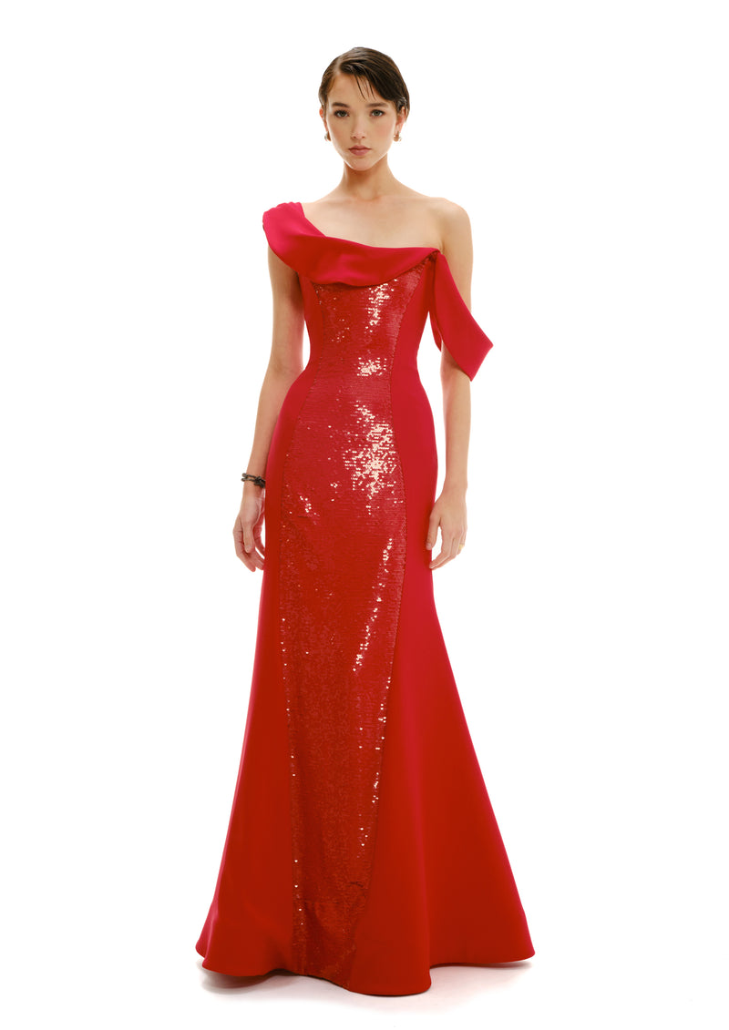 DRAPED SHOULDER BUSTIER MAXI DRESS